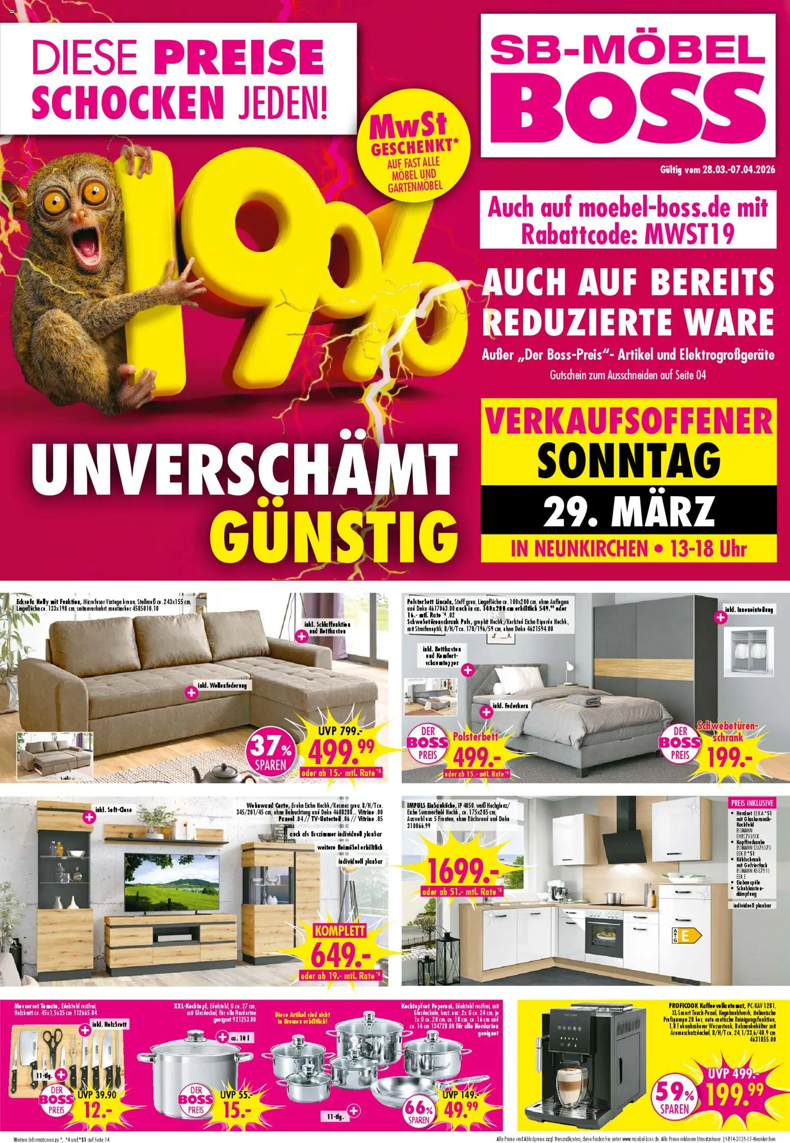 Vorschau von dem Prospekt des Geschäftes SB Möbel Boss, gültig ab dem 28.03.2026 - Uhr, Kühlschrank, Gartenmöbel, Schrank, Vitrine, Polsterbett, Schwebetürenschrank, Kochfeld
