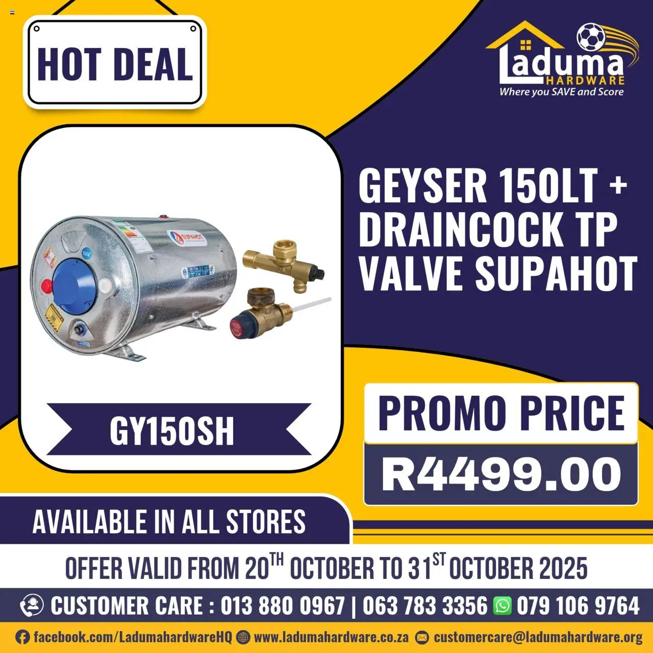 Laduma Hardware Facebook Promotion from 20/10 - 31/10/2025 > Promotions - Geyser, Valve