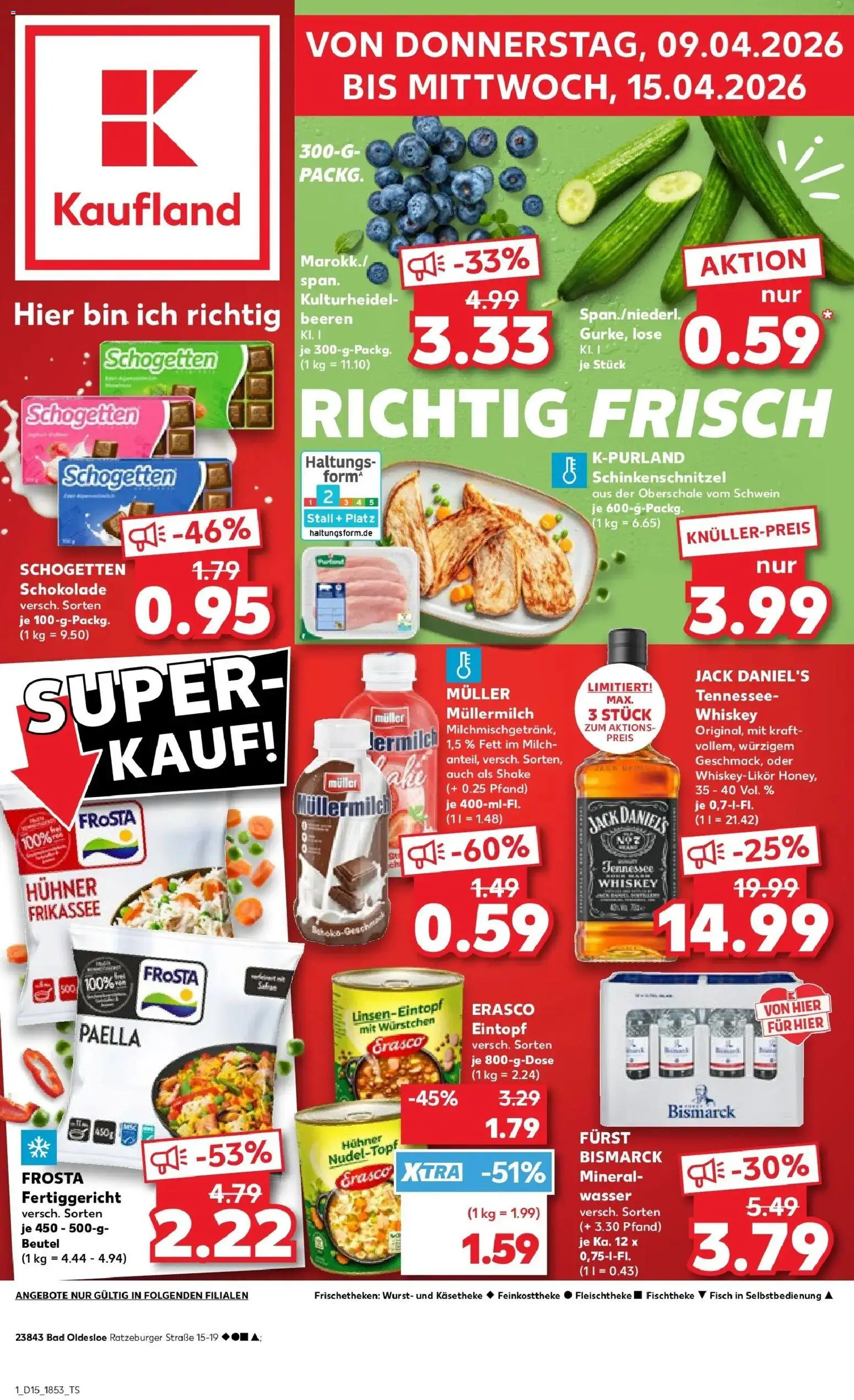 Vorschau von dem Prospekt des Geschäftes Kaufland, gültig ab dem 08.04.2026 - Wasser, Schokolade, Wurst, Mineralwasser, Whiskey, Müllermilch, Schogetten, Erasco