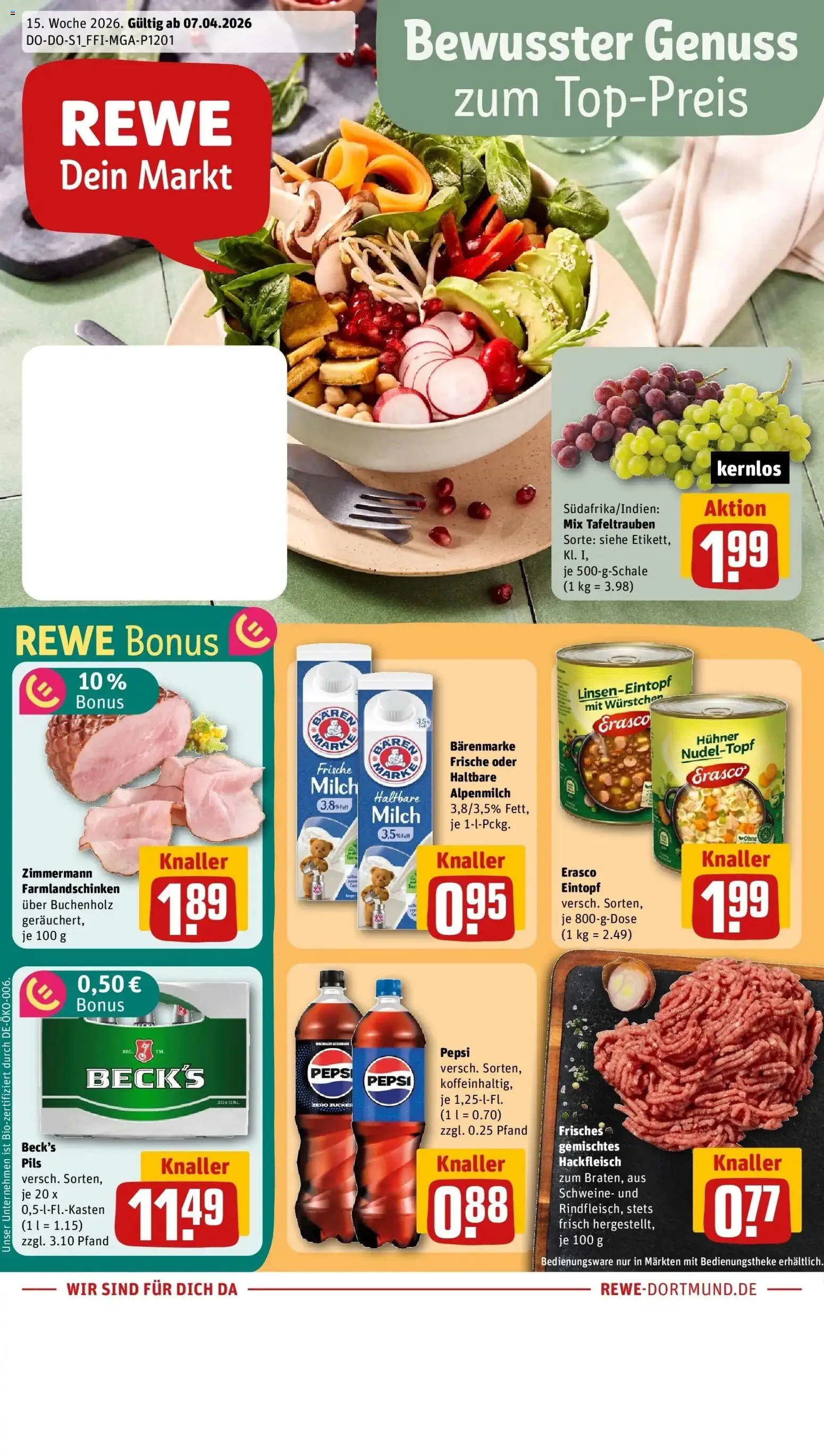 Vorschau von dem Prospekt des Geschäftes Rewe, gültig ab dem 05.04.2026 - Milch, Hackfleisch, Pepsi, Haltbare milch, Pils, Erasco
