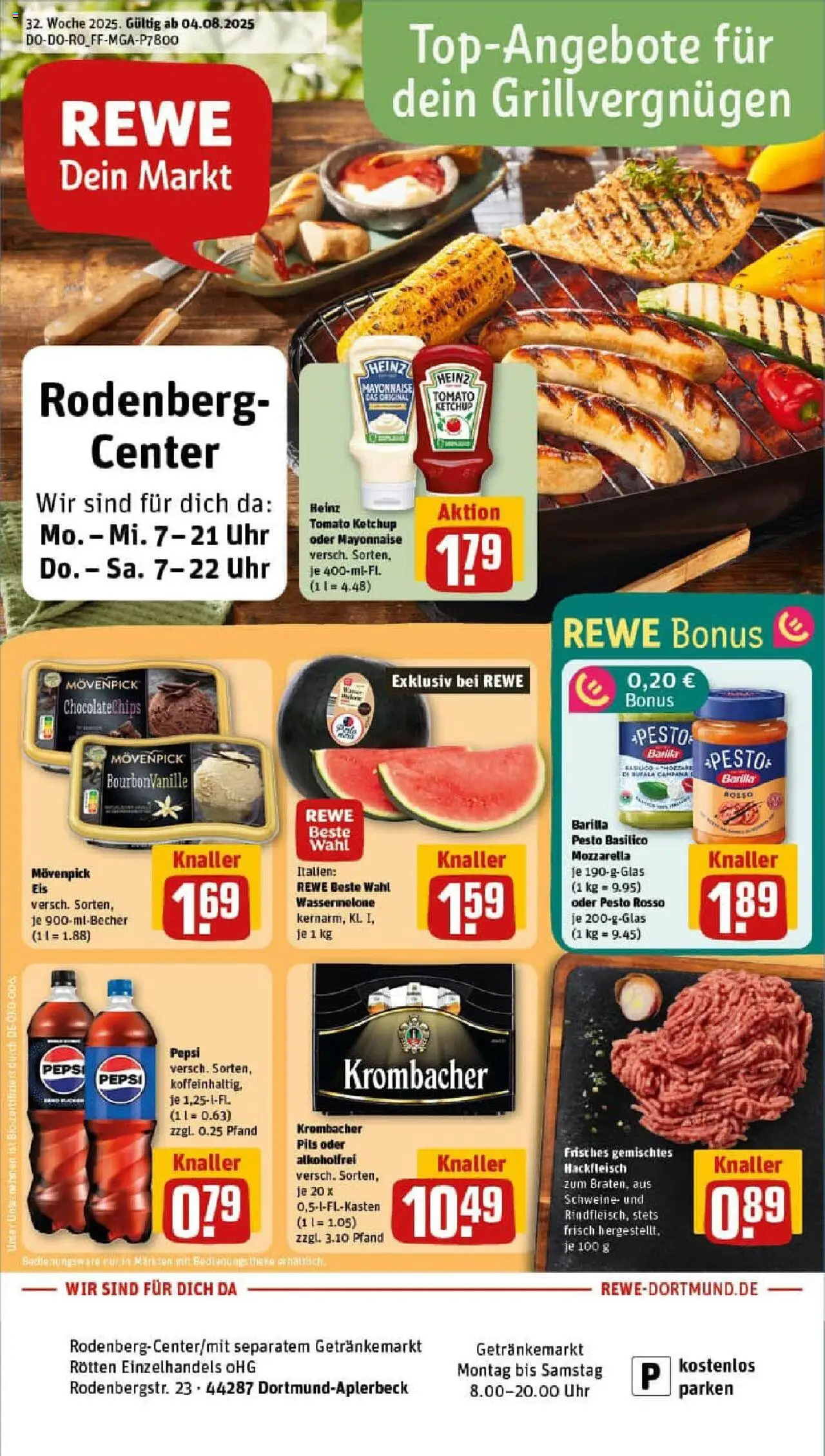 REWE Prospekt ab 03.08.2025 nächste Woche - Prospekt Dortmund / Aplerbeck - Krombacher, Hackfleisch, Mayonnaise, Ketchup, Pepsi, Theke, Barilla pesto, Pils