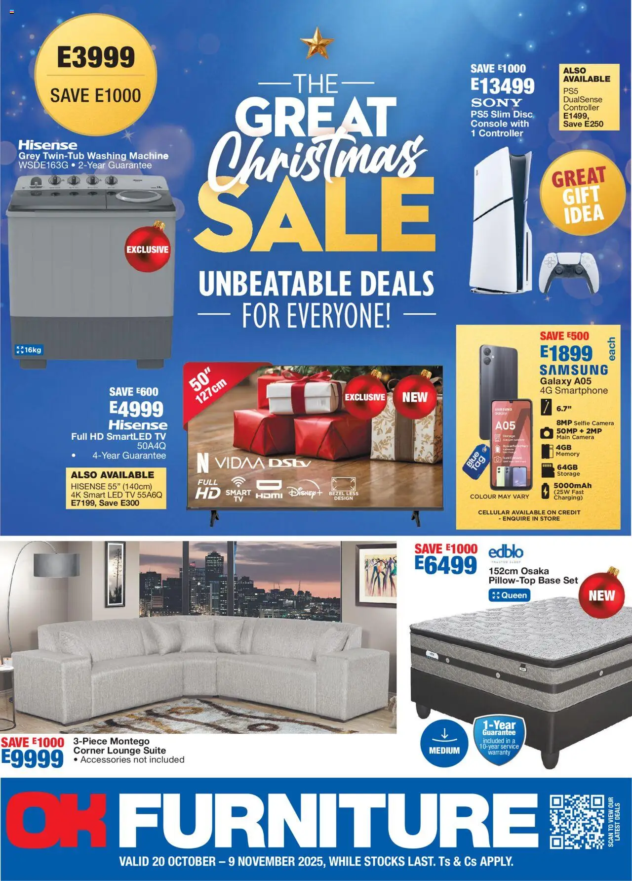 OK Furniture Catalogue Eswatini from 20/10 - 09/11/2025 > Promotions - Washing machine, Camera, TV, Battery, Lounge suite, Smartphone