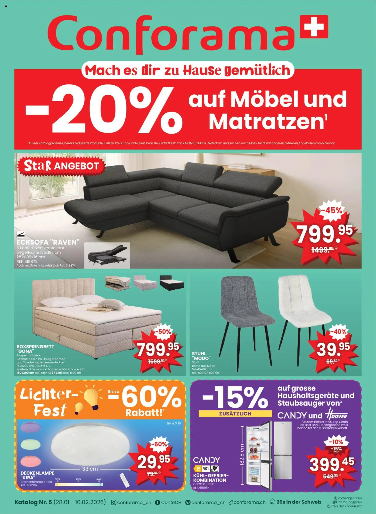 Vorschau des Merkblatts Aktionen Möbel und Matratzen vom Shop Conforama gültig von 28.01.2026 bis 10.02.2026 - Staubsauger, Boxspringbett, Ecksofa, Top, Stuhl, Topper