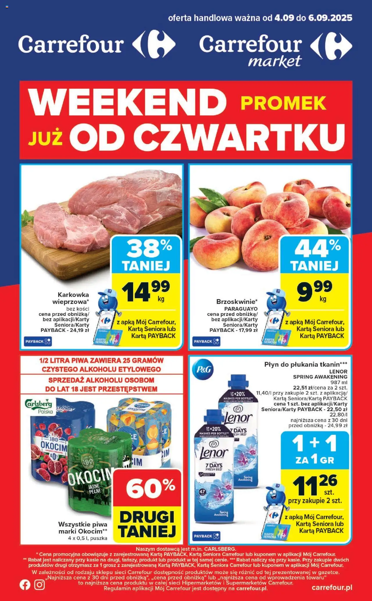 Carrefour Weekend promek już od czwartku od 04.09.2025 - Nowa Gazetka - Numer strony 1 - Płyn do płukania, Karkówka, Karta, Carlsberg, Płyn do płukania tkanin