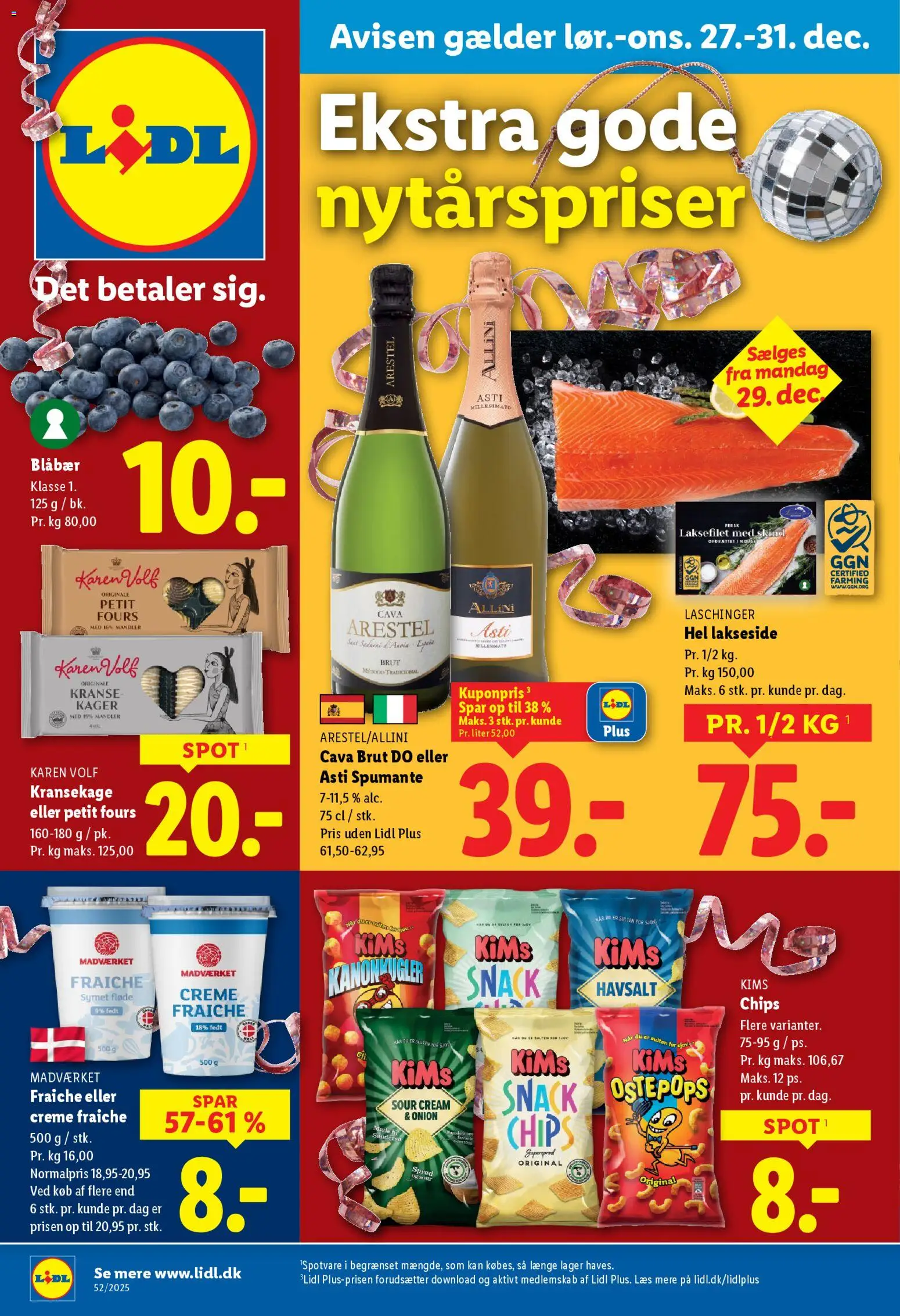 Eksempel på tilbudsavis Tilbudsavis fra butik Lidl gyldig fra 27/12/2025 - Creme fraiche, Chips, Kager, Blåbær, Fløde, Mandler, Creme, Søm
