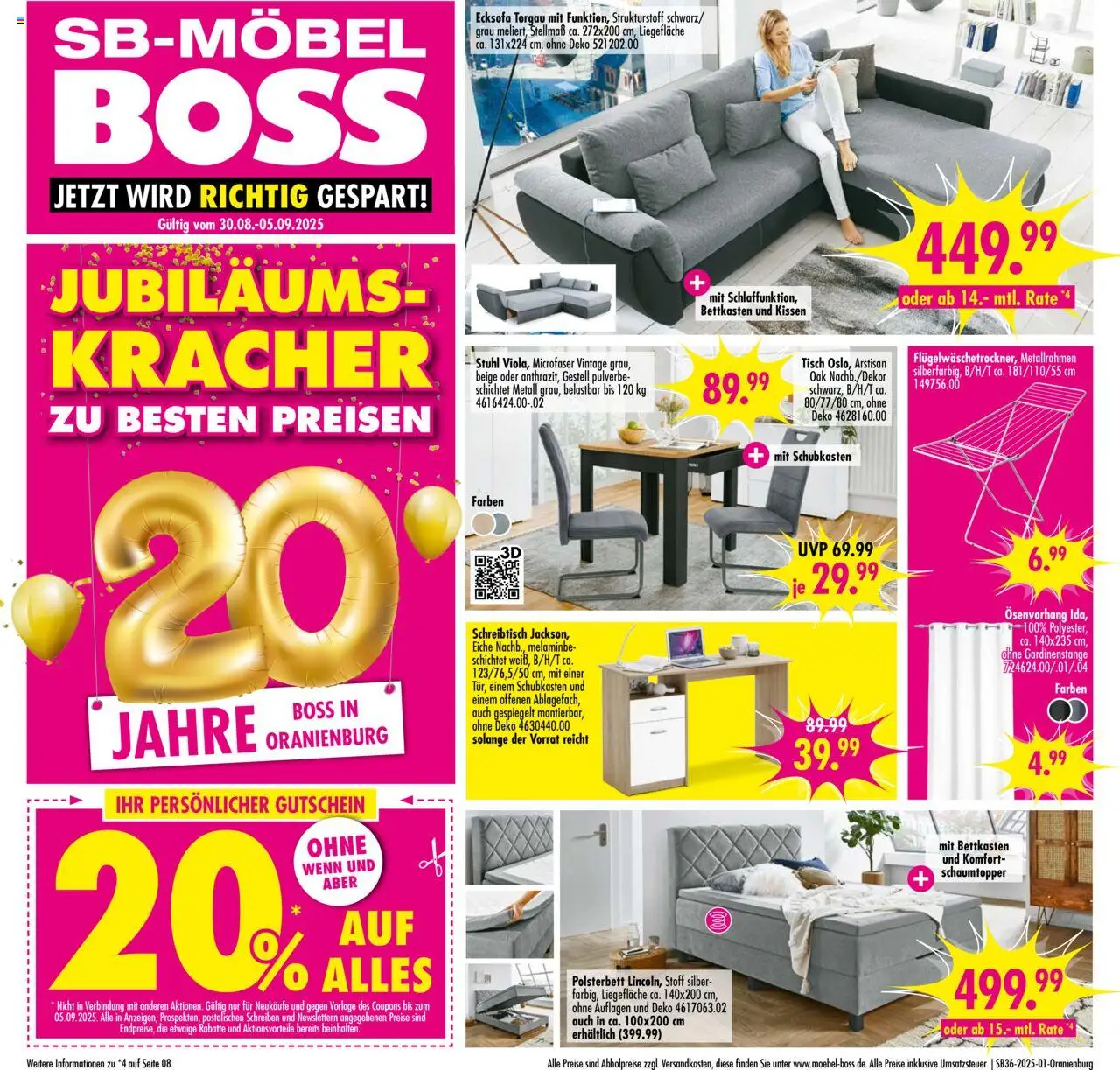 SB Möbel Boss Prospekt Oranienburg (vom 30.08.2025 - 05.09.2025) - Ecksofa, Kissen, Stuhl, Tisch, Polsterbett