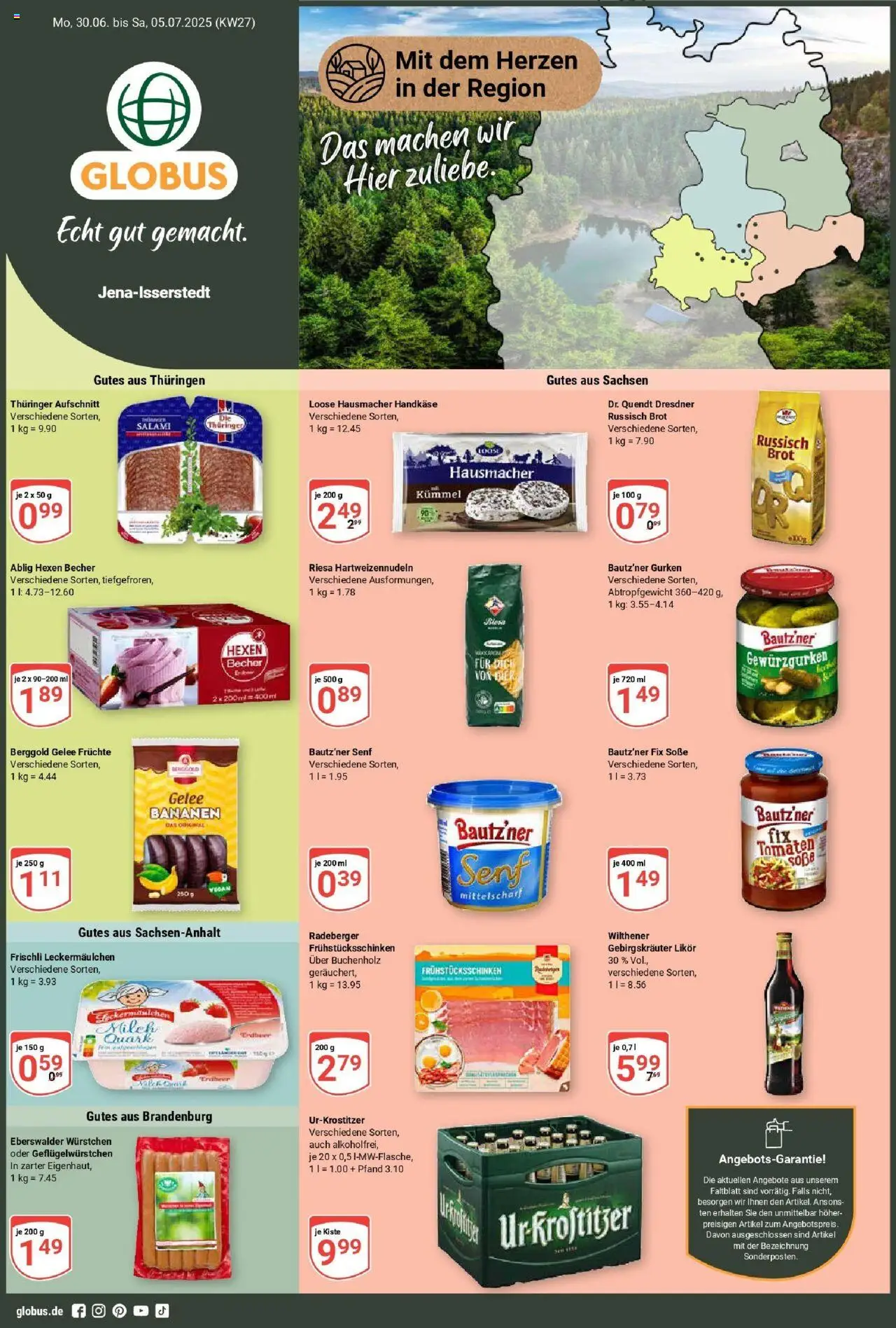 Globus Prospekt ab Montag 29.06.2025 > Prospekt Isserstedt - Pasta, Bananen, Brot, Milch, Gurken, Salami, Wilthener gebirgskrauter, Wilthener