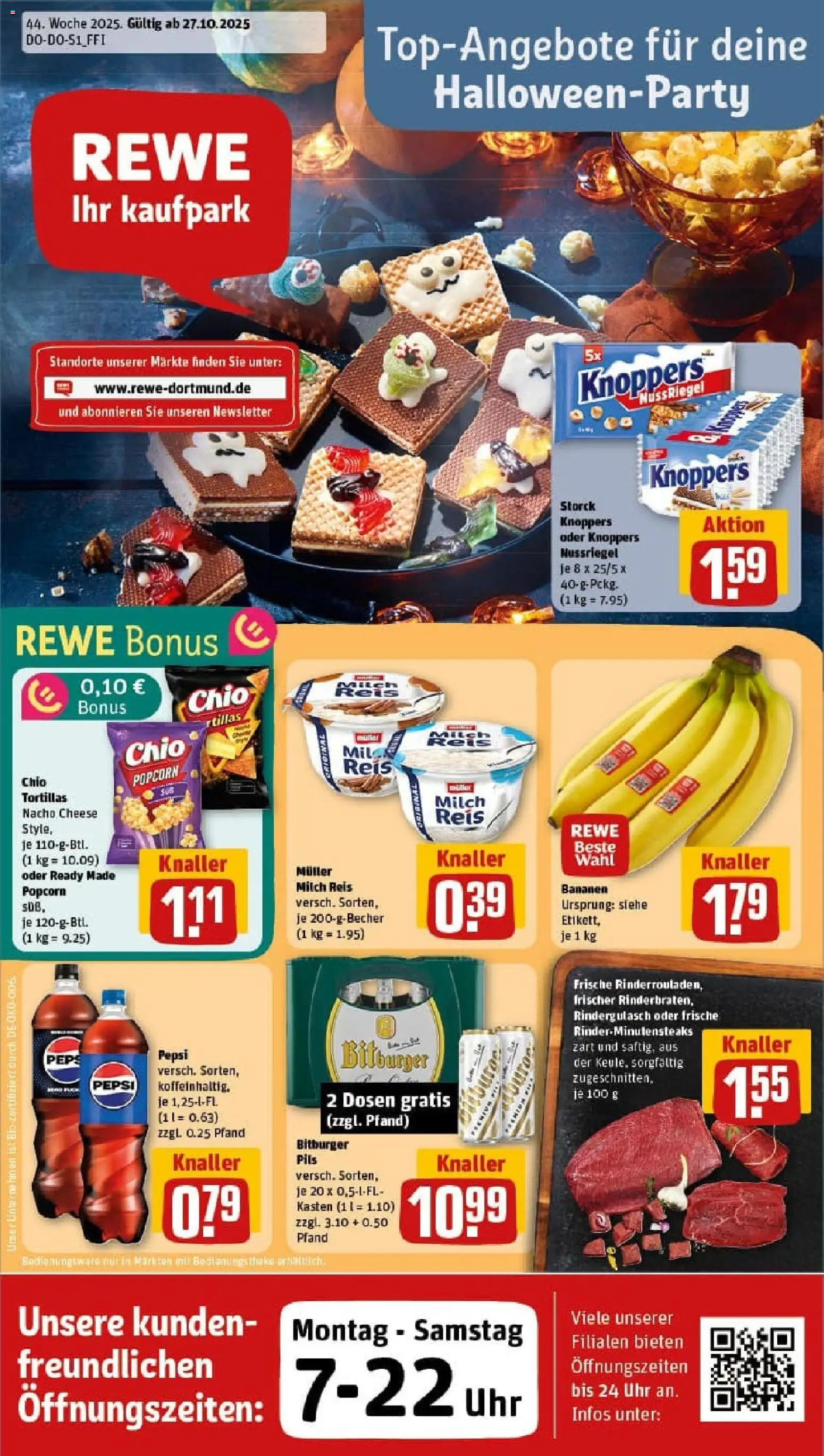 REWE Prospekt ab 26.10.2025 nächste Woche - Prospekt Schalksmühle - Uhr, Bananen, Reis, Popcorn, Knoppers, Pepsi, Theke, Pils