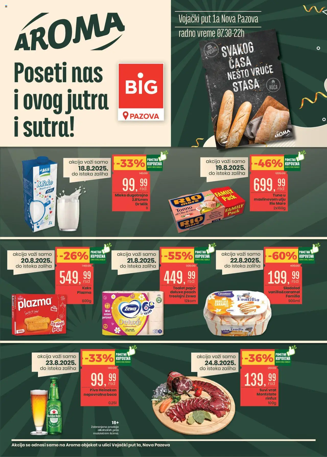 Aroma Market katalog važi od 18.08.2025 - stranica 1 - Heineken, Sladoled, Pica, Sto, Tuna, Rio mare, Suvi vrat, Plazma