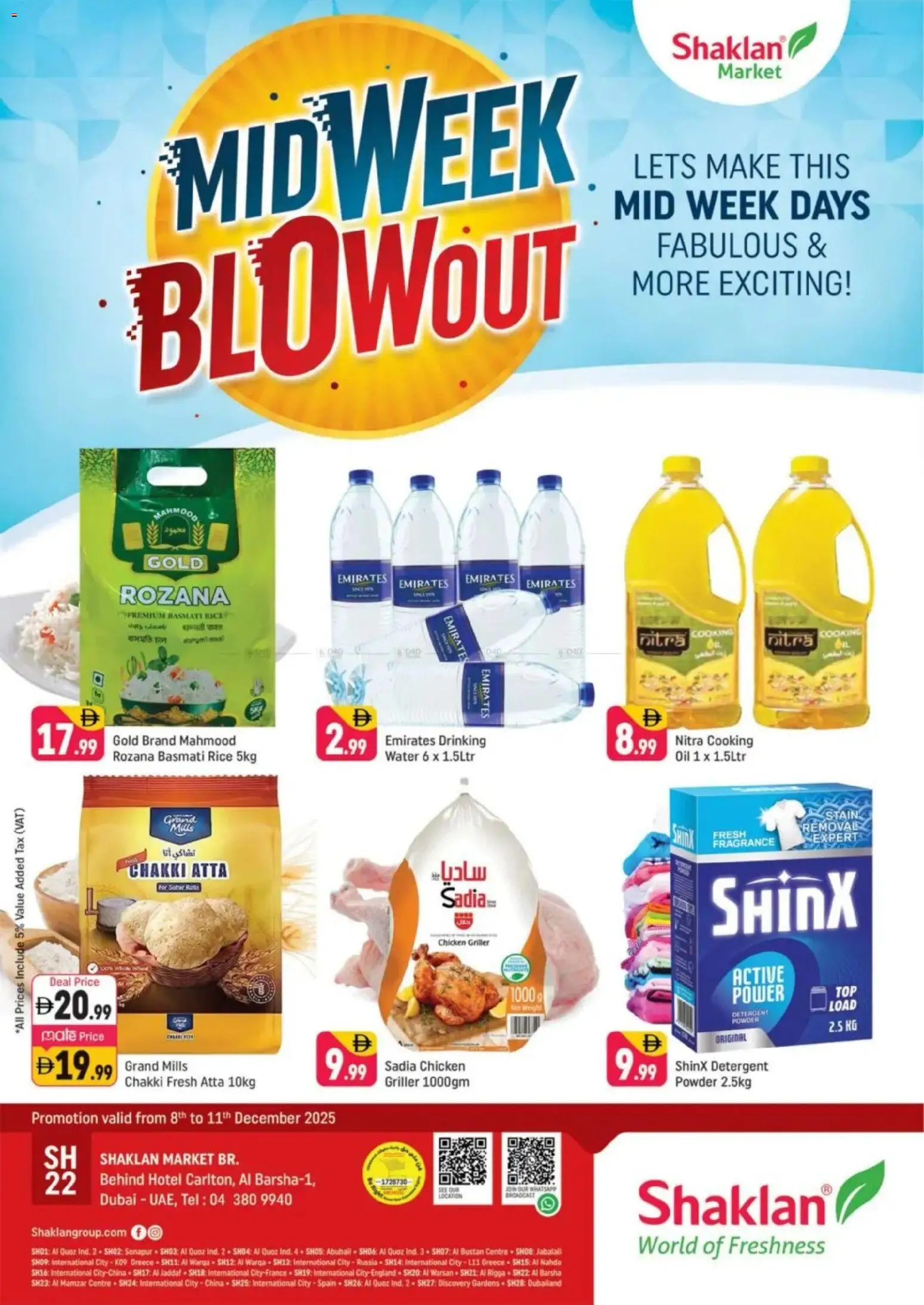 Preview of the catalogue Midweek Blow Out - Al Barsha 1, Dubai of store Shaklan valid from 8 Dec, 2025 - Chicken, Water, Oil, Rice, Fragrance, Detergent, Powder, Griller