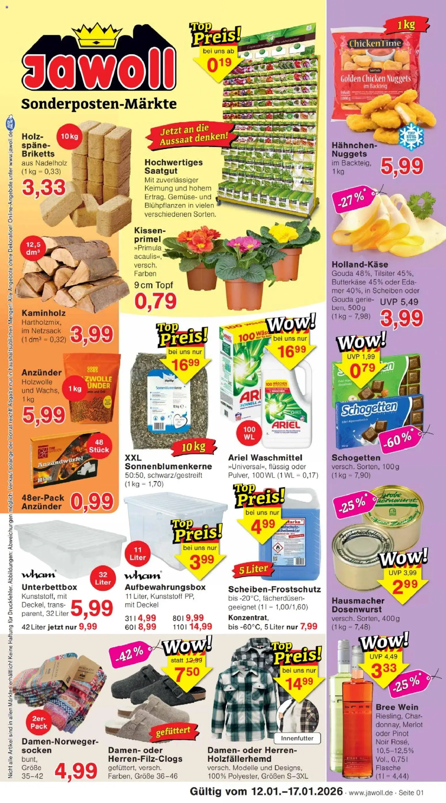 Vorschau von dem Prospekt des Geschäftes Jawoll, gültig ab dem 12.01.2026 - Wein, Gemüse, Kissen, Ariel, Socken, Decke, Gouda, Schogetten