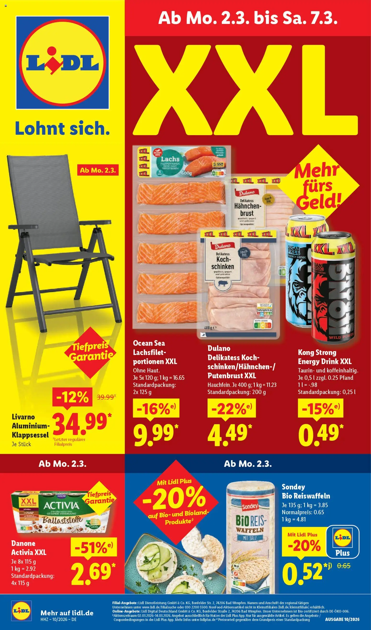 Vorschau von dem Prospekt des Geschäftes Lidl, gültig ab dem 02.03.2026 - Waffeln, Bad, Lachs, Reis, Energy, Salz, Schinken, Hahnchen