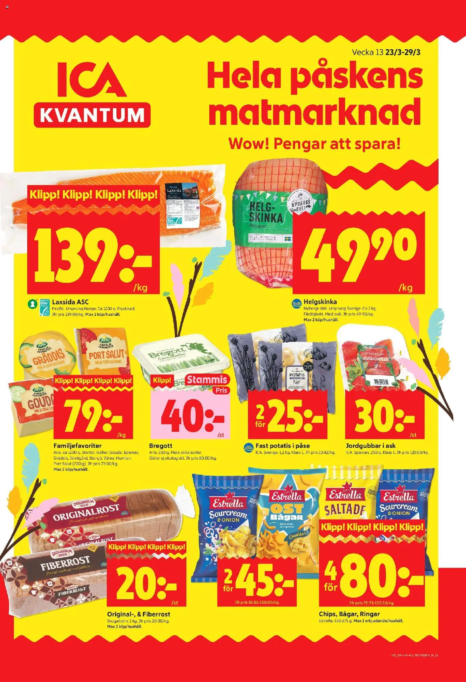 Förhandsgranska reklamblad ICA Kvantum erbjudanden från butik ICA Kvantum gäller från 23/03/2026 - Potatis, Jordgubbar, Bregott, Galler, Skinka, Cheddar