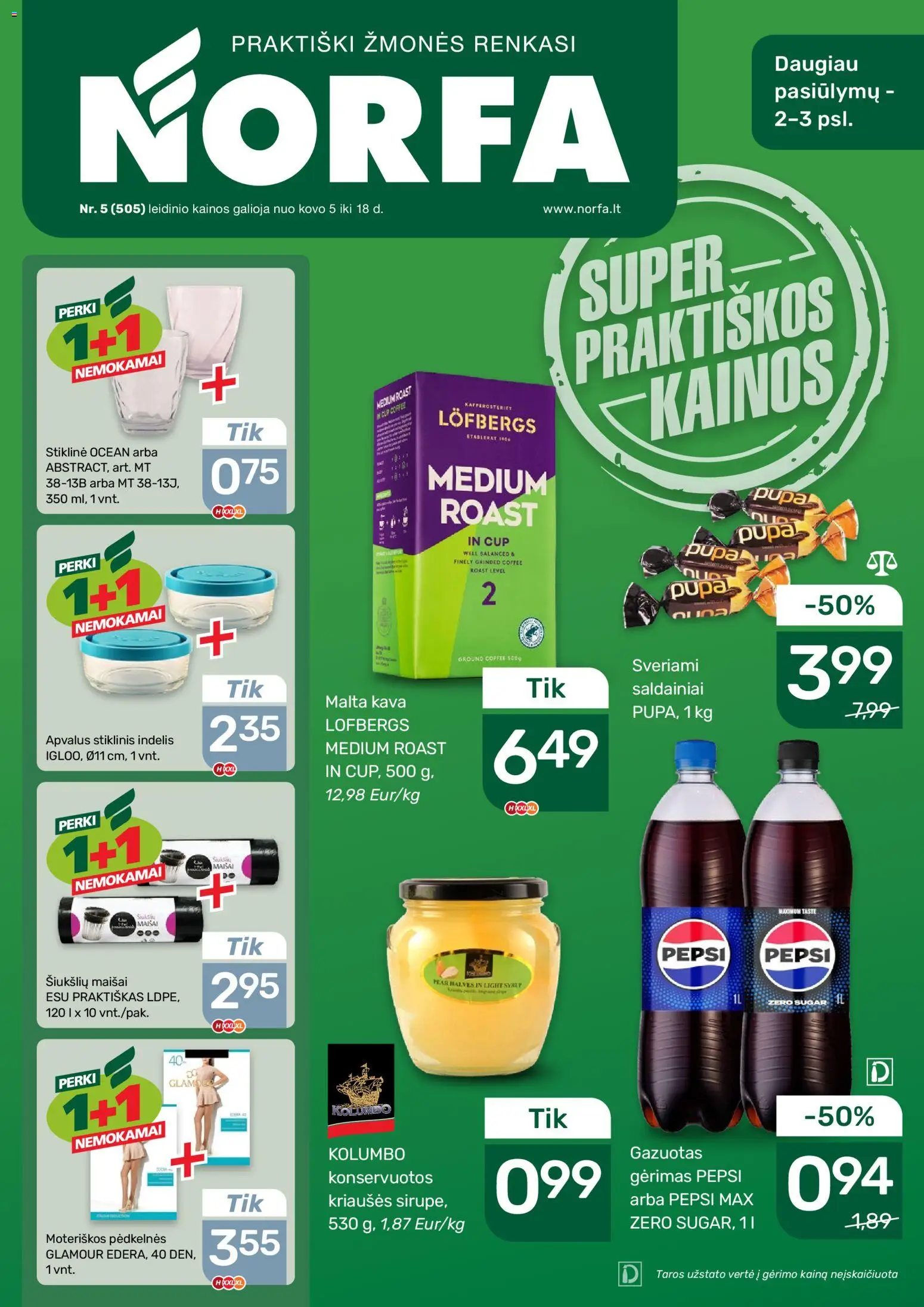 NORFA parduotuvės leidinio NORFA leidinys galiojančio nuo 2026.03.05 peržiūra - Kava, Saldainiai, Pėdkelnės, Kriaušės