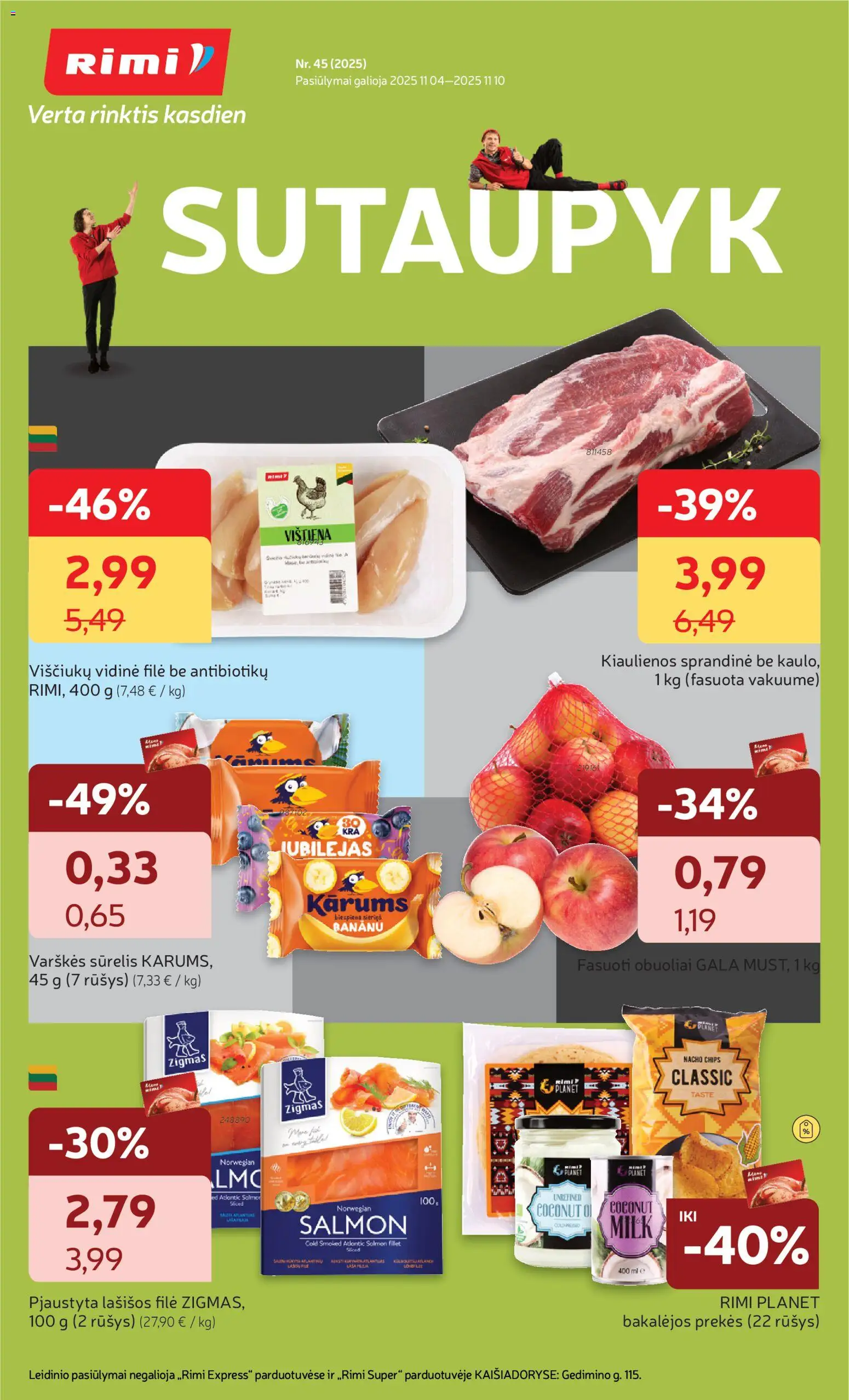 Rimi parduotuvės leidinio Leidinys galiojančio nuo 2025.11.04 peržiūra - Vištiena, Obuoliai, Sūrelis, Kiaulienos, Lašišos