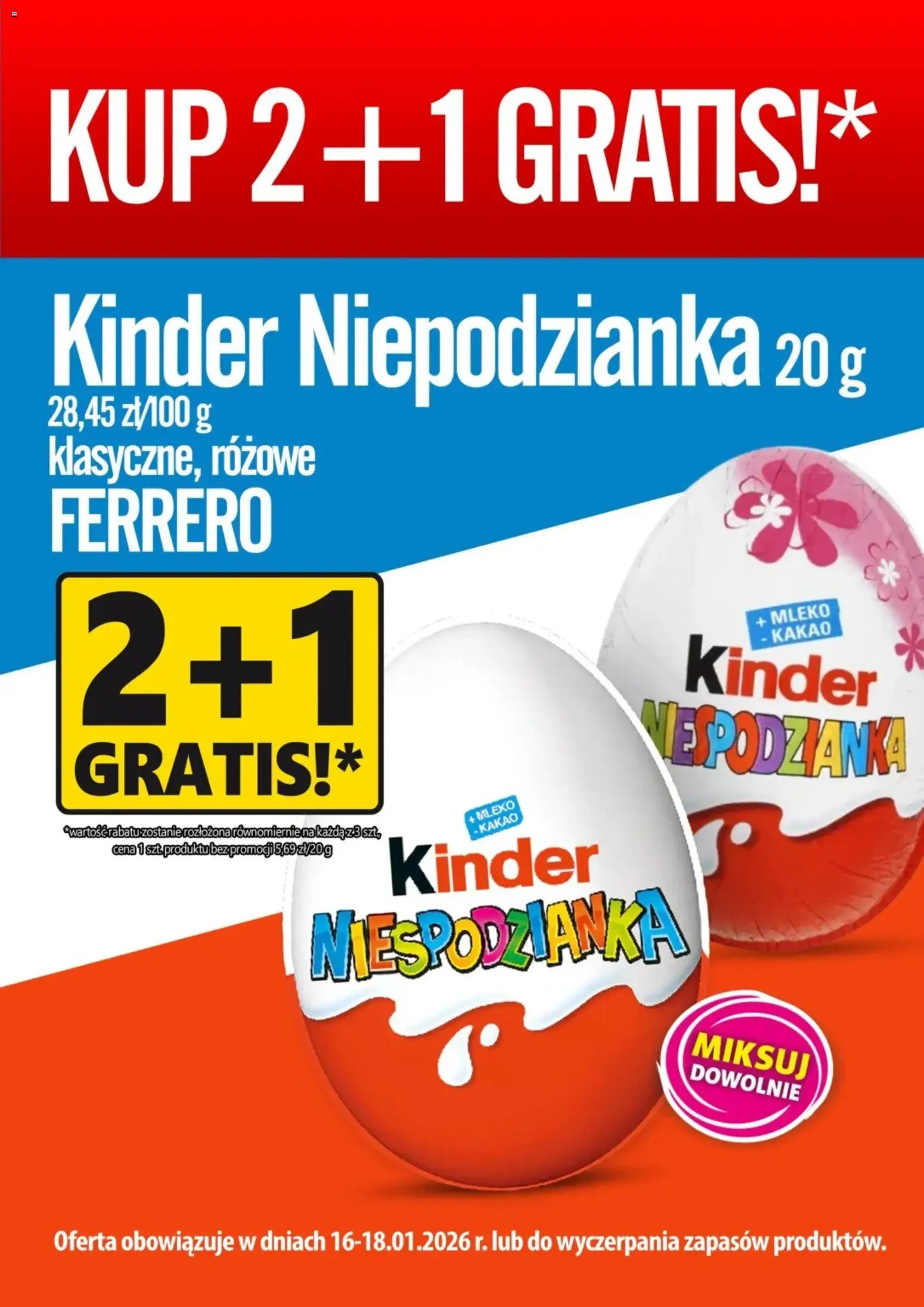 Pogląd gazetki "Promocja - Kinder Niespodzianka" ze sklepu Prim Market ważnej od 16.01.2026 - Mleko, Kakao, Kinder niespodzianka