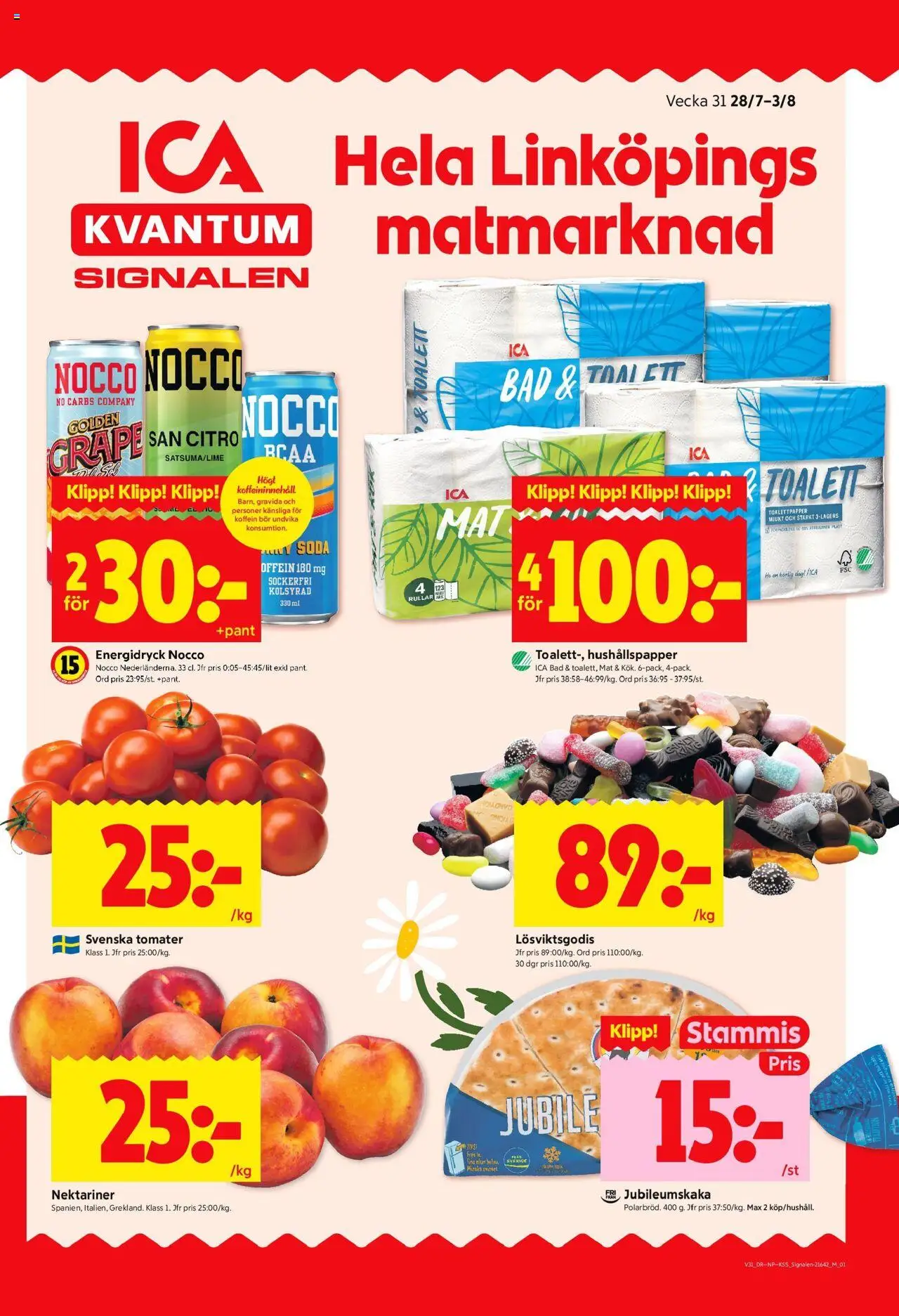 Linköping är giltig 28/07 2025 > Veckans Erbjudanden gäller från 28/07/2025 till 03/08/2025 sidnummer 1 - Toalett, Energidryck, Toalettpapper, Hushållspapper, Tomater, Nektariner