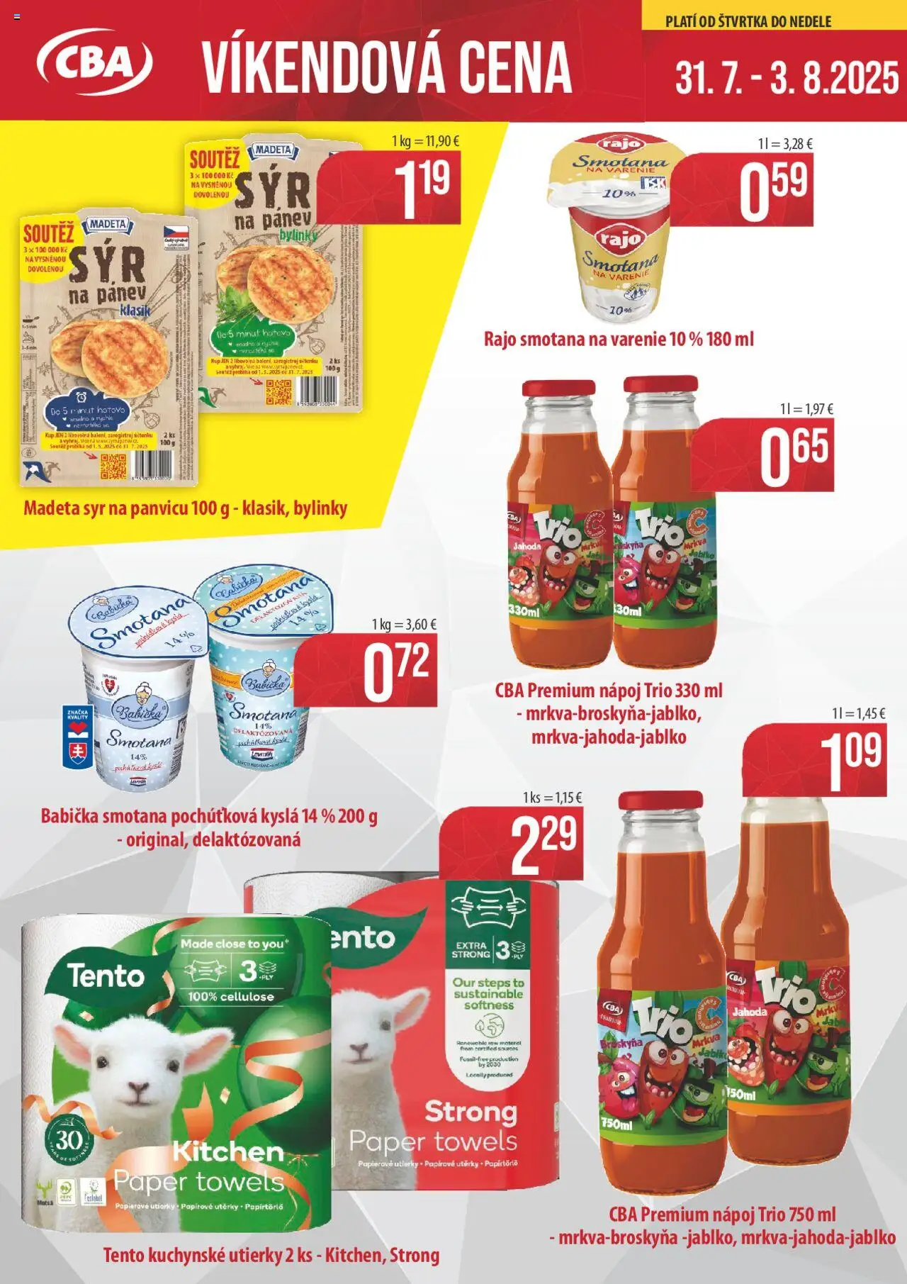 CBA Verex Víkendové cena (31.07. - 03.08.2025) - Akčná ponuka - Syr, Mrkva, Kuchynské utierky, Smotana