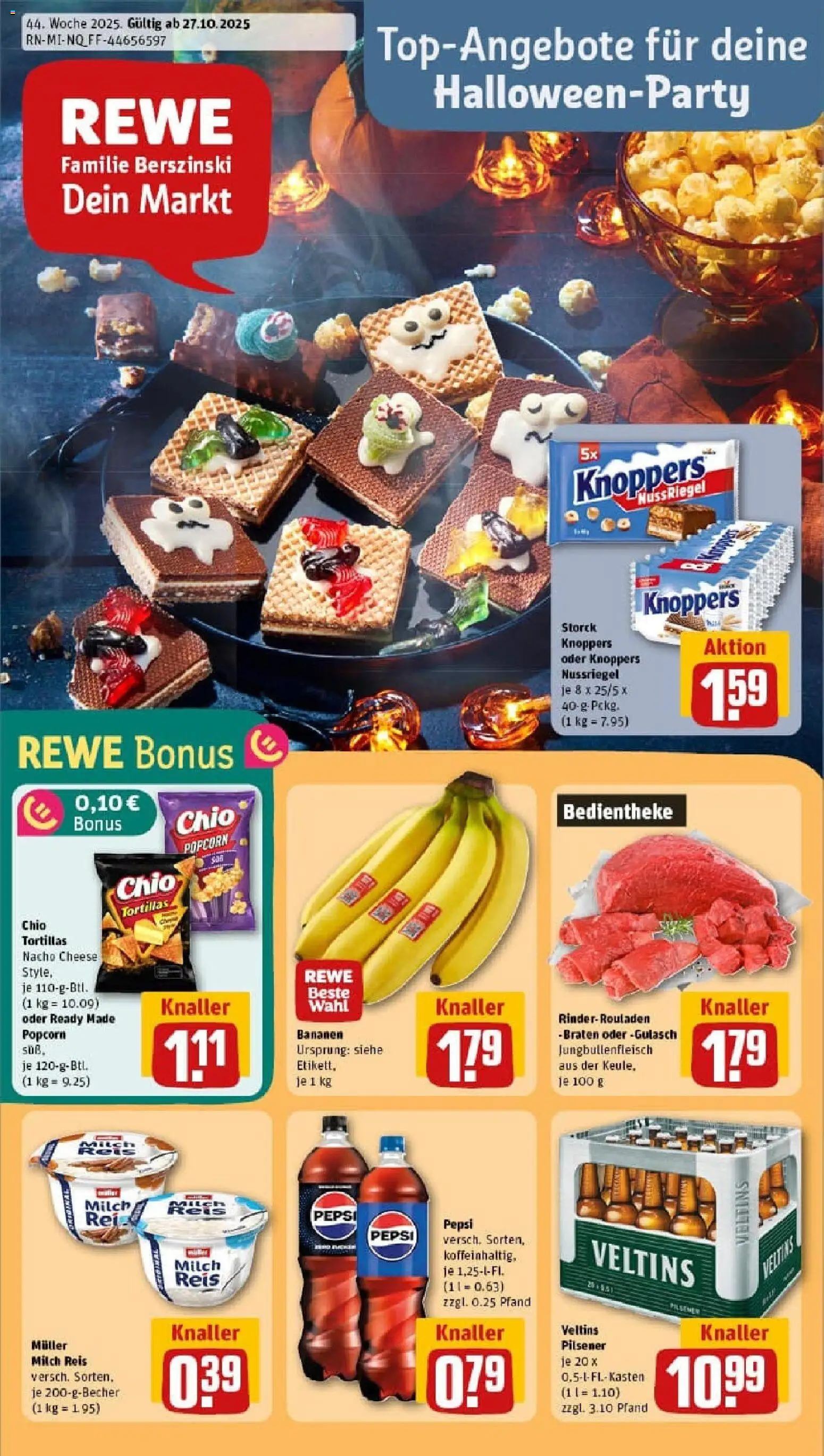 Vorschau von dem Prospekt des Geschäftes Rewe, gültig ab dem 26.10.2025 - Gulasch, Rinderrouladen, Milch, Reis, Popcorn, Veltins, Knoppers, Pepsi