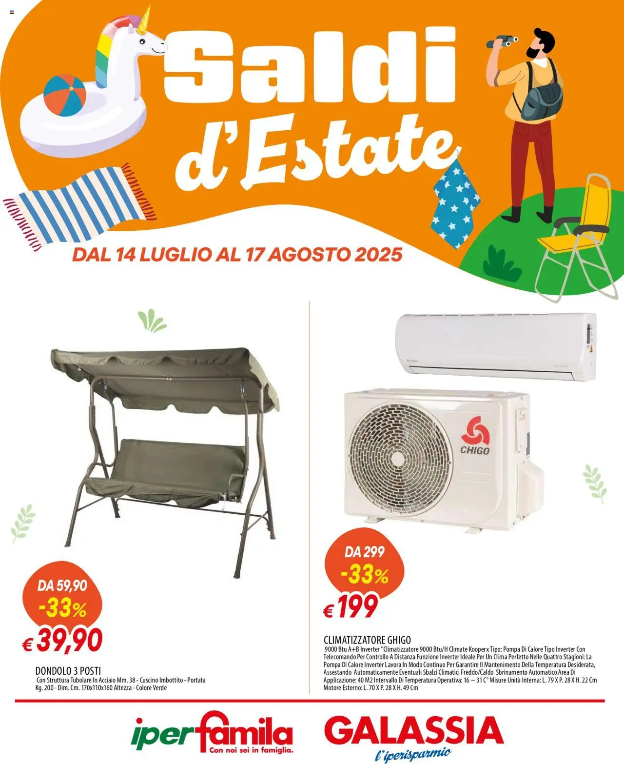 Volantino Famila valido da 14/07/2025 numero di pagina 1 - Climatizzatore, Cuscino, Telecomando, Dondolo