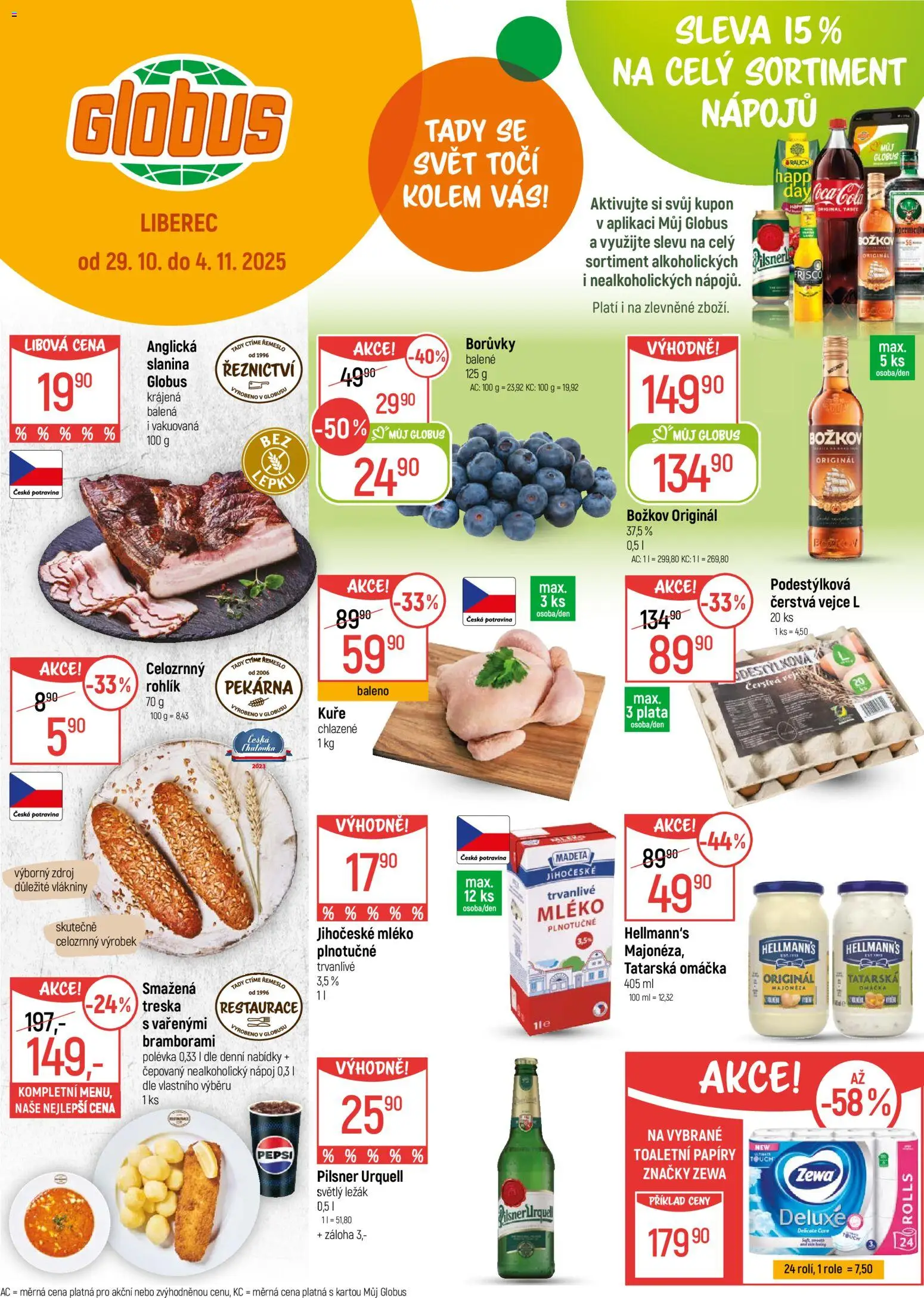  Globus leták od 29.10.2025 >> Akční nabídka "Liberec" - Globus, Vejce, Coca cola, Frisco, Borůvky, Slanina, Božkov originál, Zewa