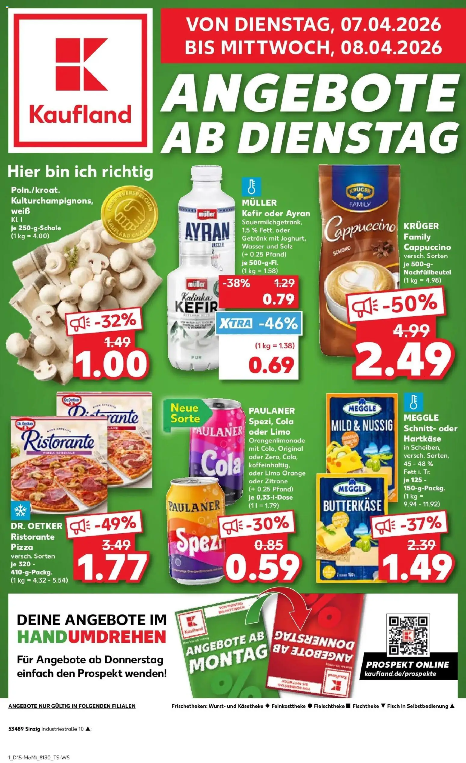 Vorschau von dem Prospekt des Geschäftes Kaufland, gültig ab dem 07.04.2026 - Pizza, Wasser, Wurst, Kefir, Paulaner, Ristorante, Salz, Kruger cappuccino