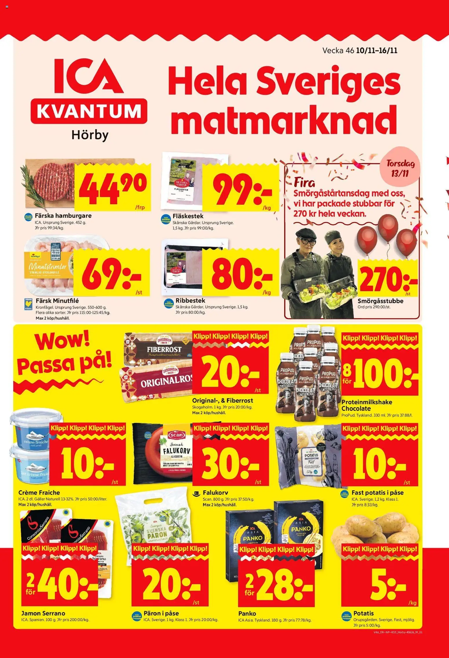 Förhandsgranska reklamblad Hörby från butik ICA Kvantum gäller från 10/11/2025 - Bageri, Hamburgare, Creme fraiche, Falukorv, Potatis, Kycklingfile, Galler, Päron