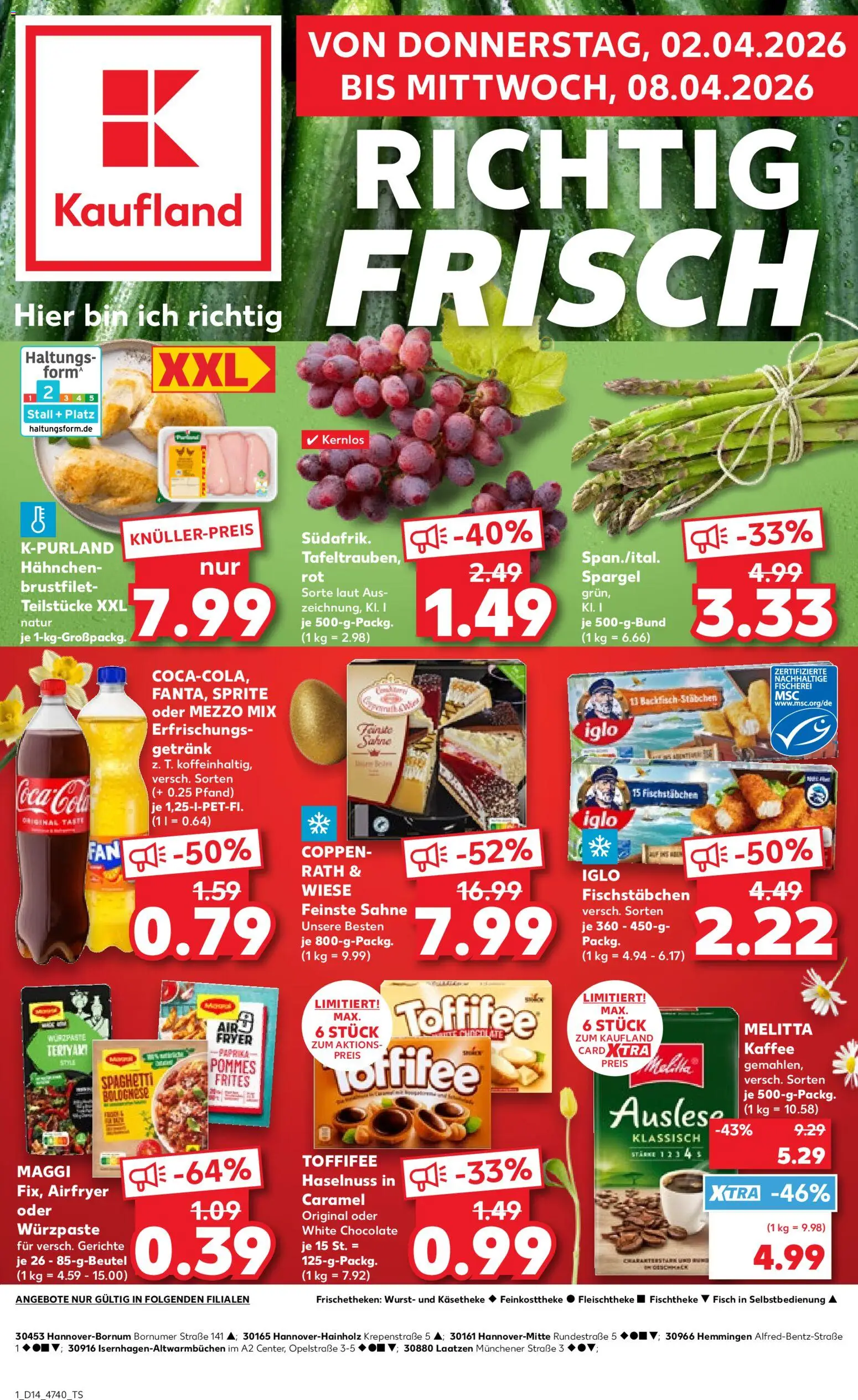 Vorschau von dem Prospekt des Geschäftes Kaufland, gültig ab dem 02.04.2026 - Gerichte, Wurst, Cola, Maggi, Spargel, Sprite, Melitta kaffee, Mezzo mix