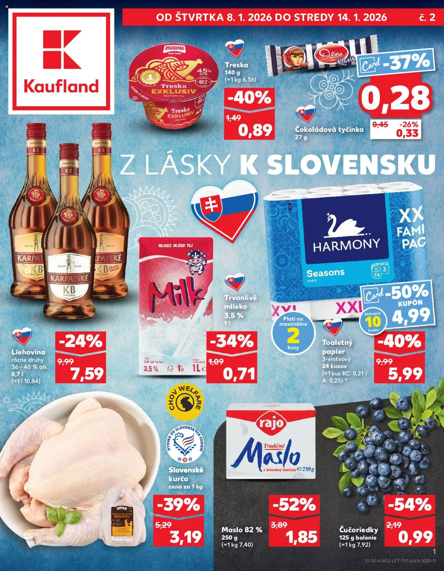 Náhľad Kaufland letáku platného od 08.01.2026 - Maslo, Čučoriedky, Mlieko, Treska, Toaletný papier, Kurča, Trvanlivé mlieko, Mlieko 3,5 %