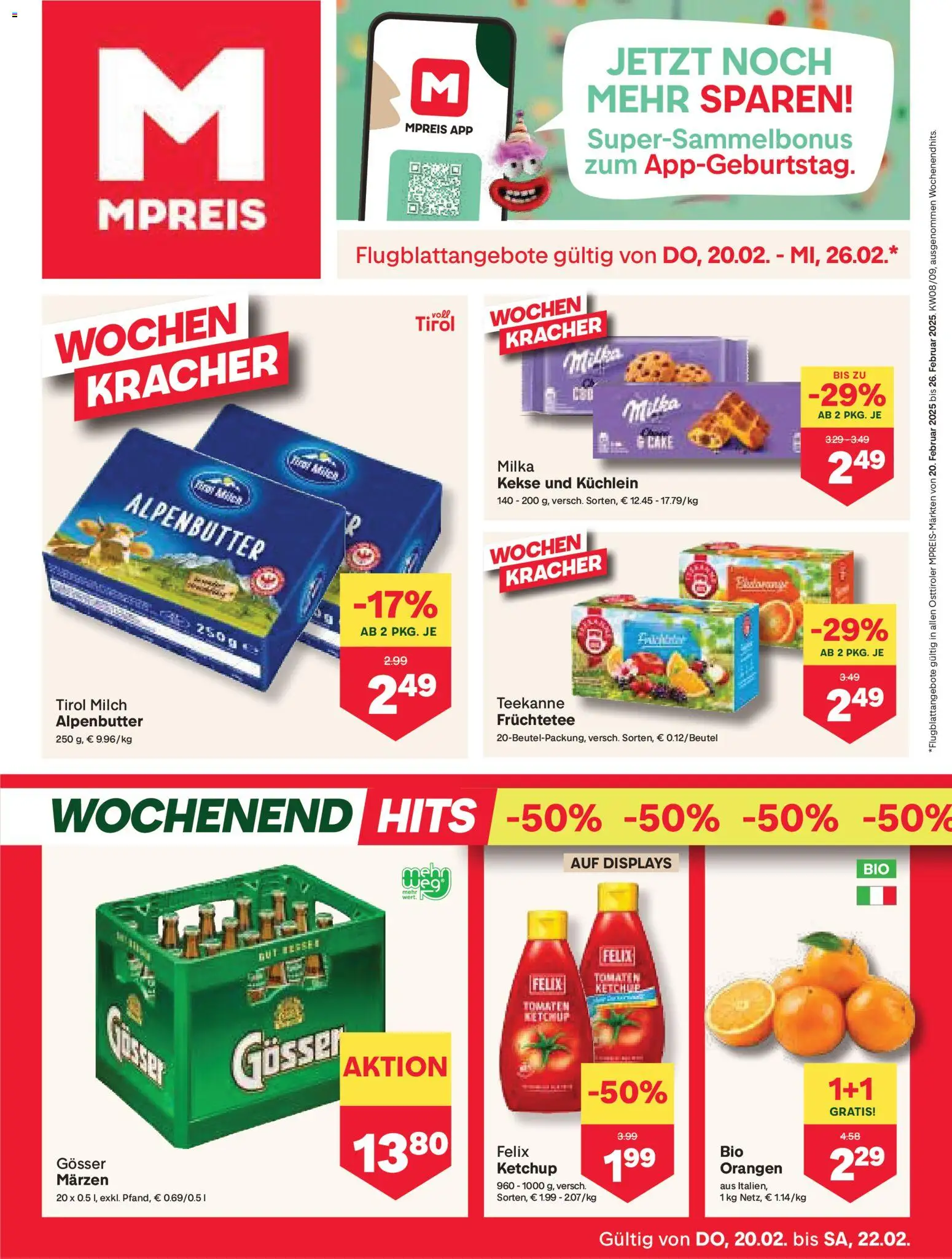 Vorschau der Angebote: MPREIS Anras gültig ab 20.02.2026 - Milch, Kekse, Ketchup, Tomaten, Orangen, Früchtetee