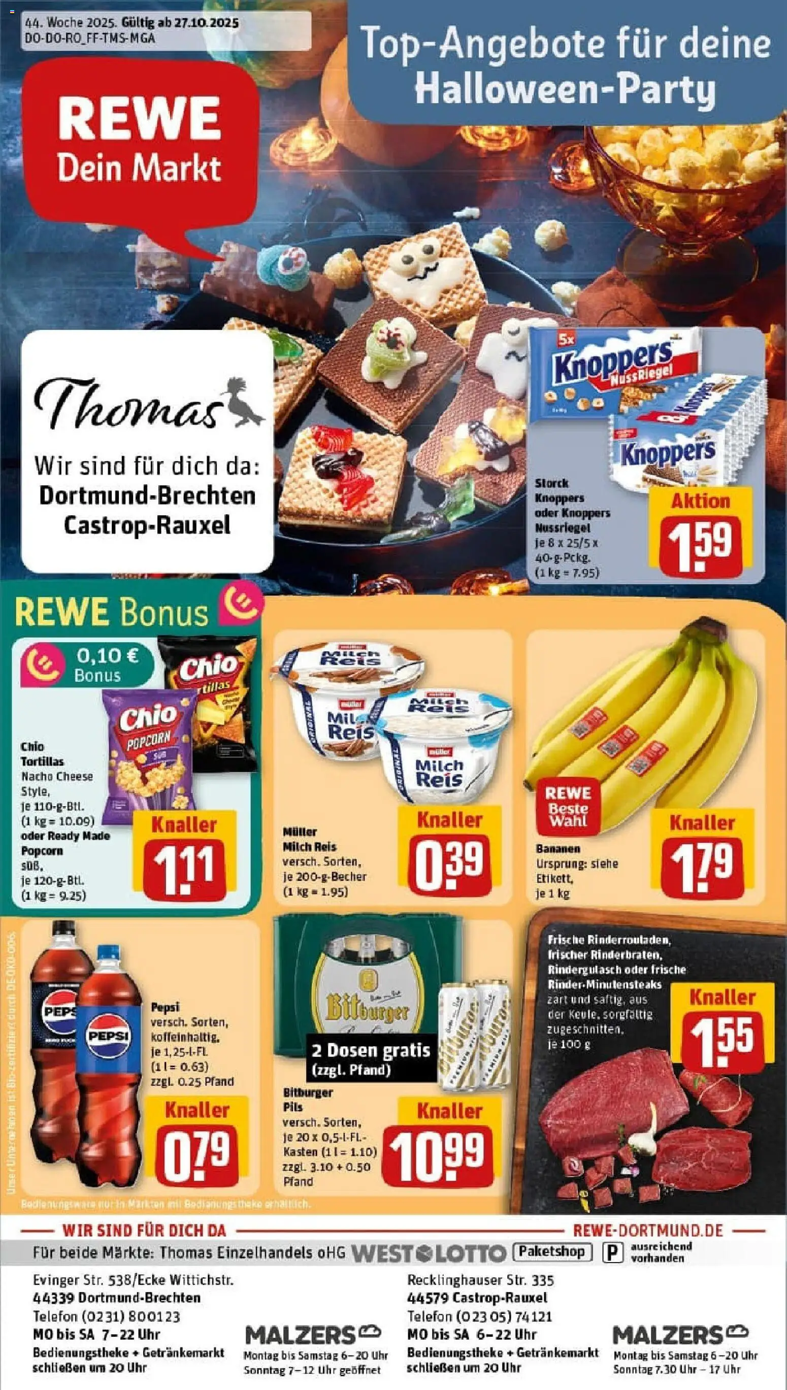 Vorschau von dem Prospekt des Geschäftes Rewe, gültig ab dem 26.10.2025 - Telefon, Tortillas, Milch, Rindergulasch, Knoppers, Pepsi, Pils, Chio tortillas