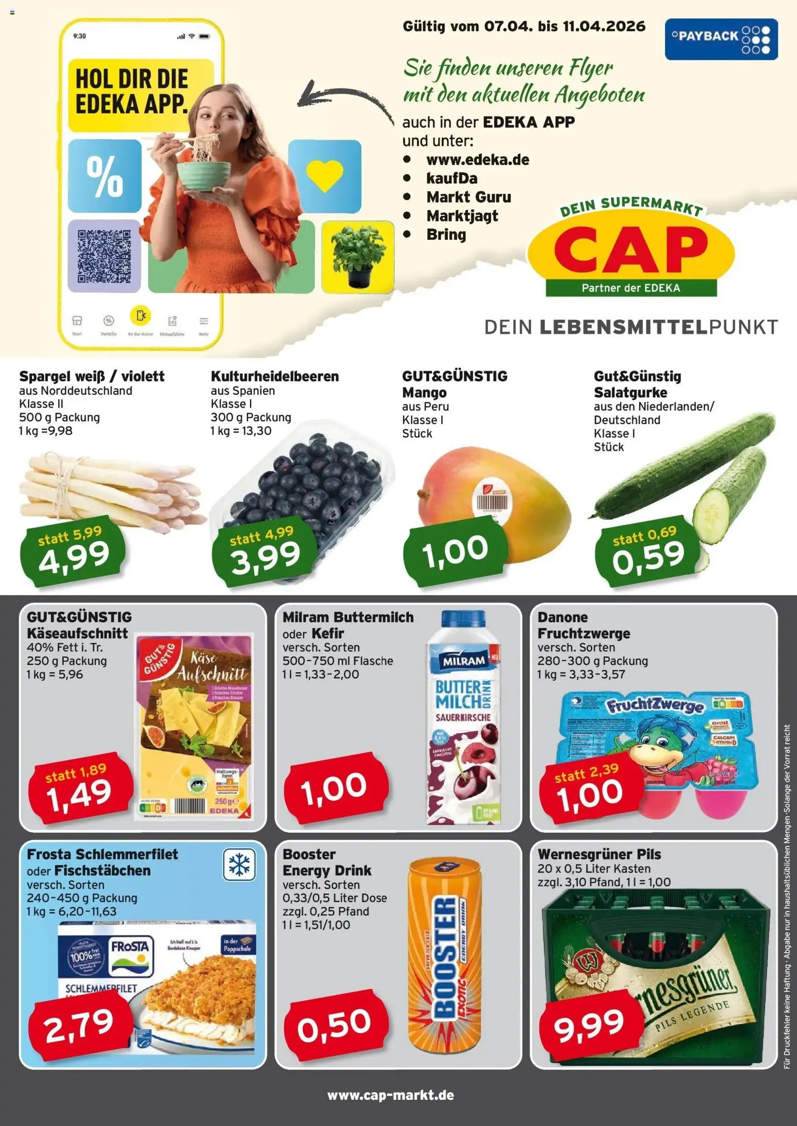 Vorschau von dem Prospekt des Geschäftes Edeka, gültig ab dem 05.04.2026 - Käse, Spargel, Frosta, Energy, Buttermilch, Fruchtzwerge, Pils, Fischstabchen