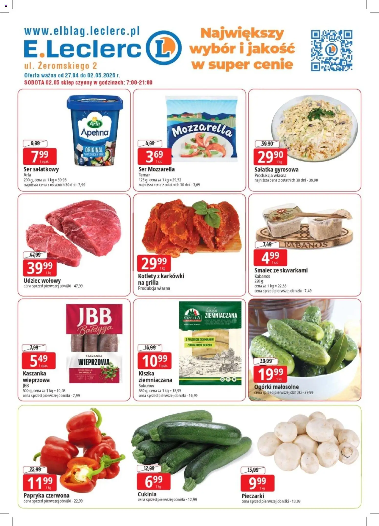 Pogląd gazetki "E.Leclerc gazetka - Elbląg" ze sklepu E.Leclerc ważnej od 27.04.2026 - Sałatka, Cukinia, Kaszanka, Papryka, Pieczarki, Kotlety, Udziec wołowy, Papryka czerwona
