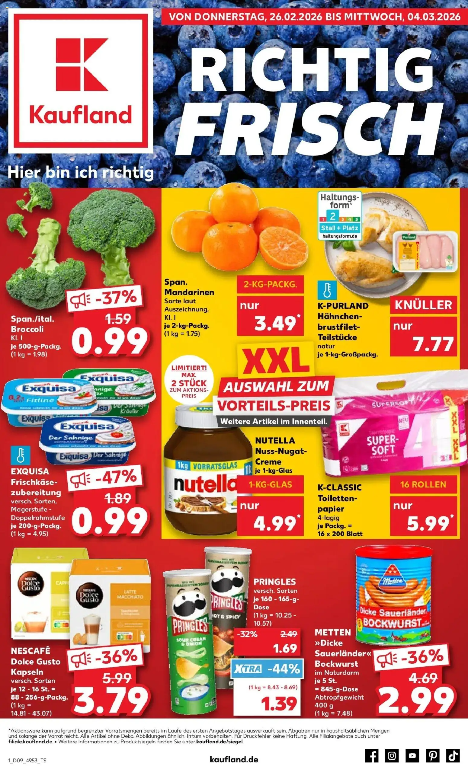 Vorschau von dem Prospekt des Geschäftes Kaufland, gültig ab dem 26.02.2026 - Tee, Toilettenpapier, Pringles, Bockwurst, Creme, Mandarinen, Exquisa, Hahnchen