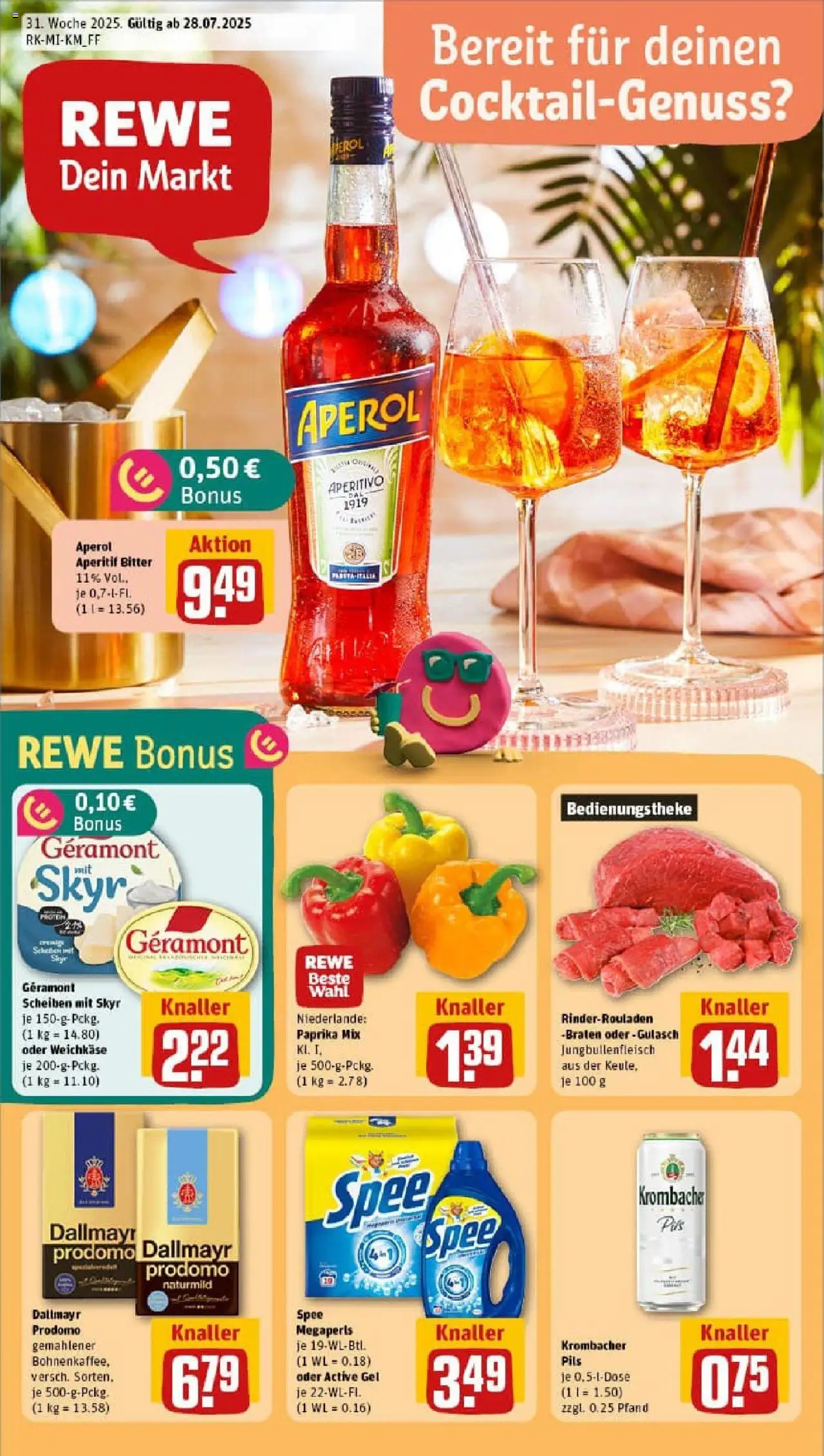 REWE Prospekt ab 27.07.2025 nächste Woche - Prospekt Marburg - Aperol, Gulasch, Spee, Rinderrouladen, Krombacher, Dallmayr, Paprika, Geramont
