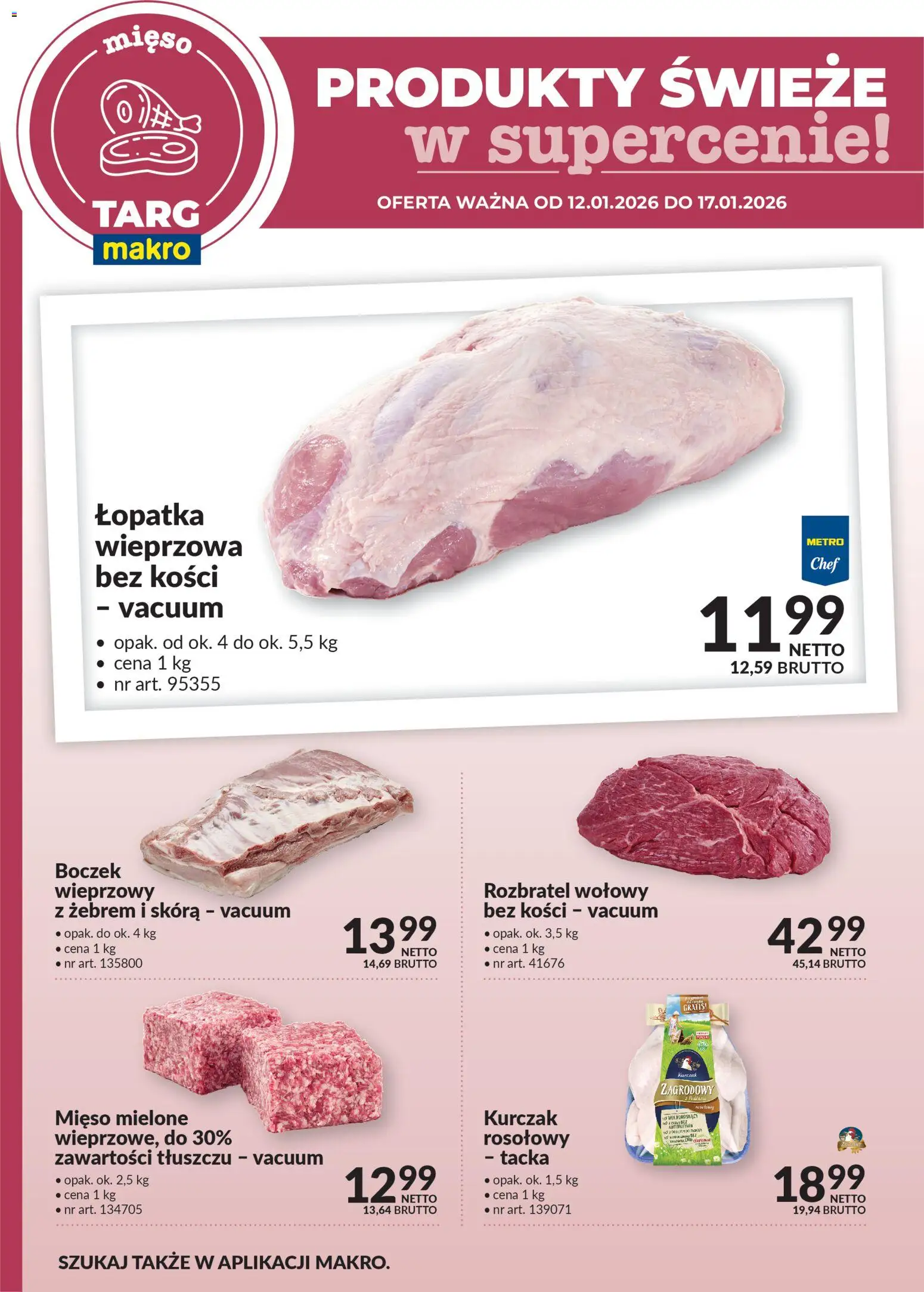 Pogląd gazetki "Produkty świeże w supercenie" ze sklepu Makro ważnej od 12.01.2026 - Mięso, Kurczak, Mięso mielone, Boczek, Łopatka wieprzowa, Kurczak zagrodowy, Boczek wieprzowy