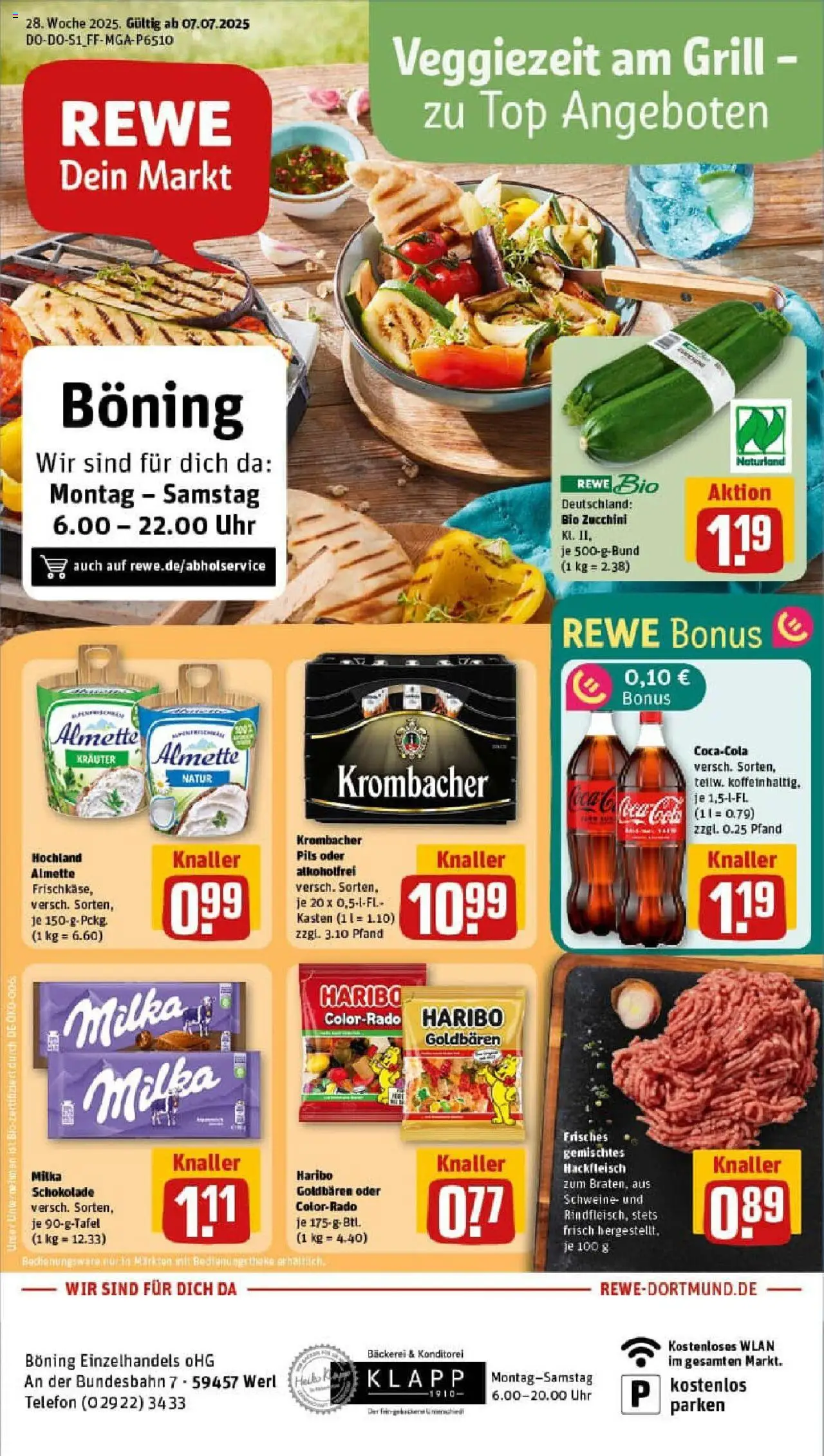REWE Prospekt ab 06.07.2025 nächste Woche - Prospekt Werl - Bäckerei, Uhr, Schokolade, Haribo, Zucchini, Top, Pils, Almette