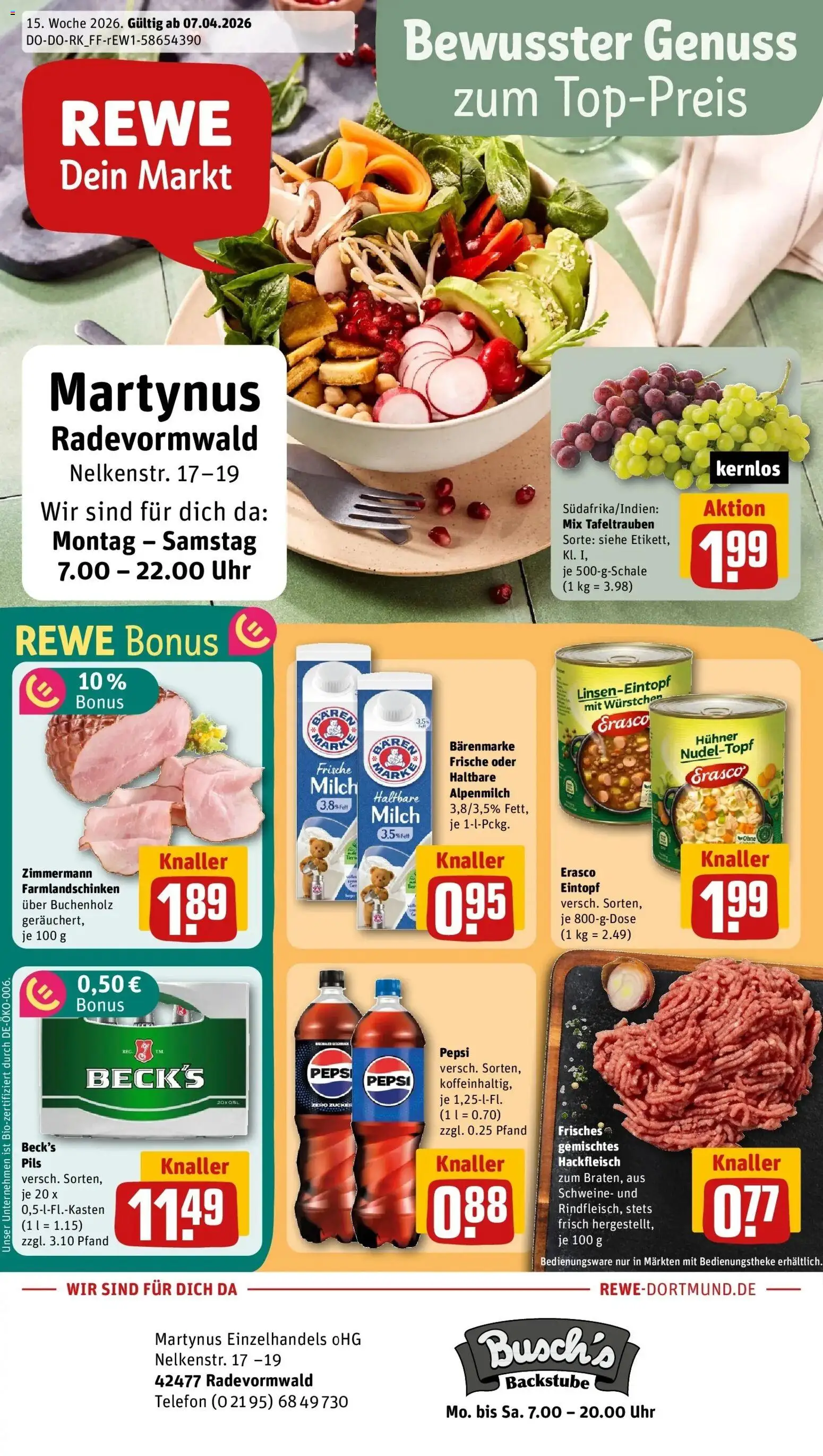 Vorschau von dem Prospekt des Geschäftes Rewe, gültig ab dem 05.04.2026 - Uhr, Telefon, Cola, Milch, Hackfleisch, Pepsi, Pils, Erasco