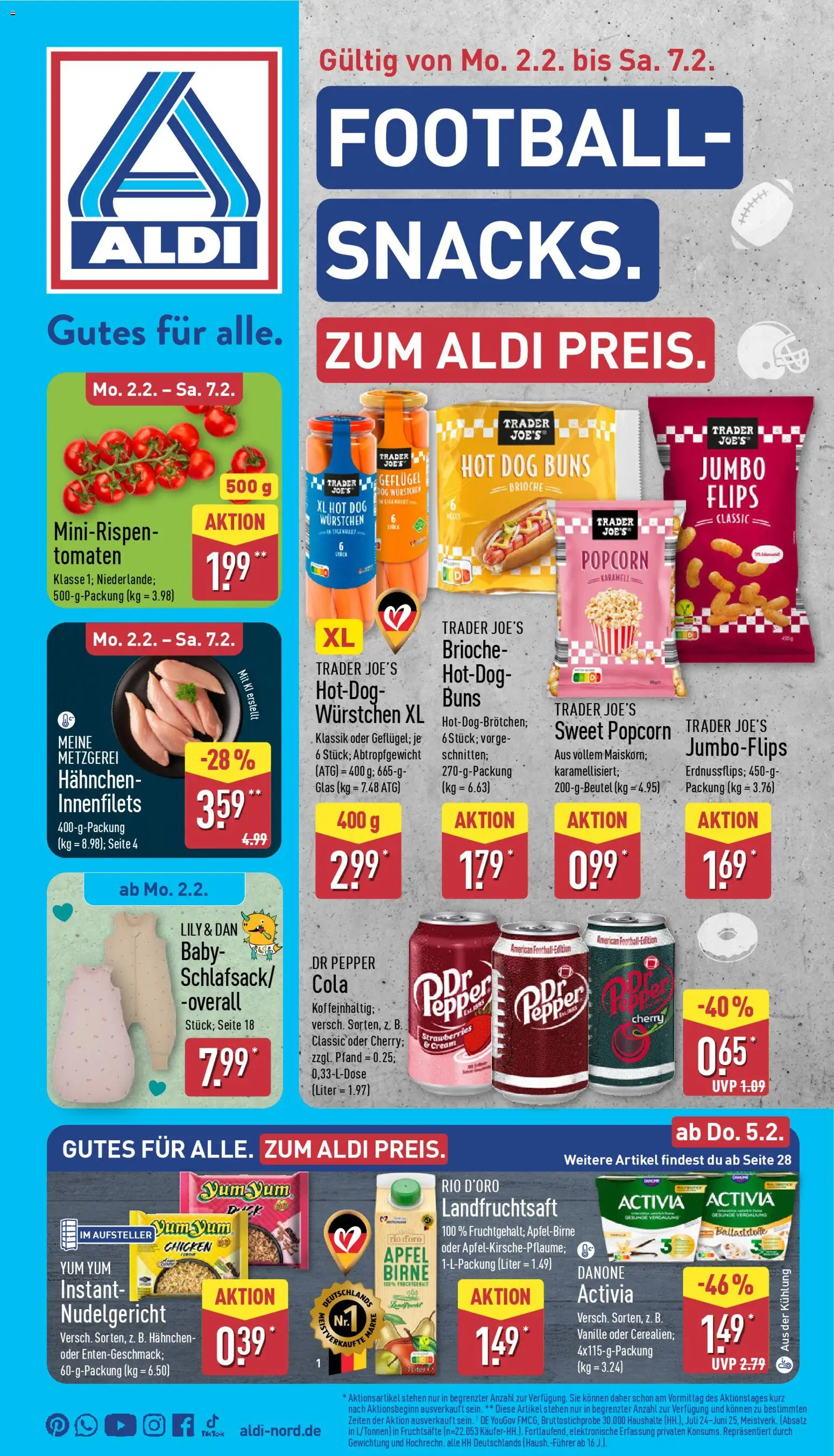 Vorschau von dem Prospekt des Geschäftes Aldi, gültig ab dem 02.02.2026 - Äpfel, Football, Popcorn, Birne, Tomaten, Vanille, Overall, Hahnchen