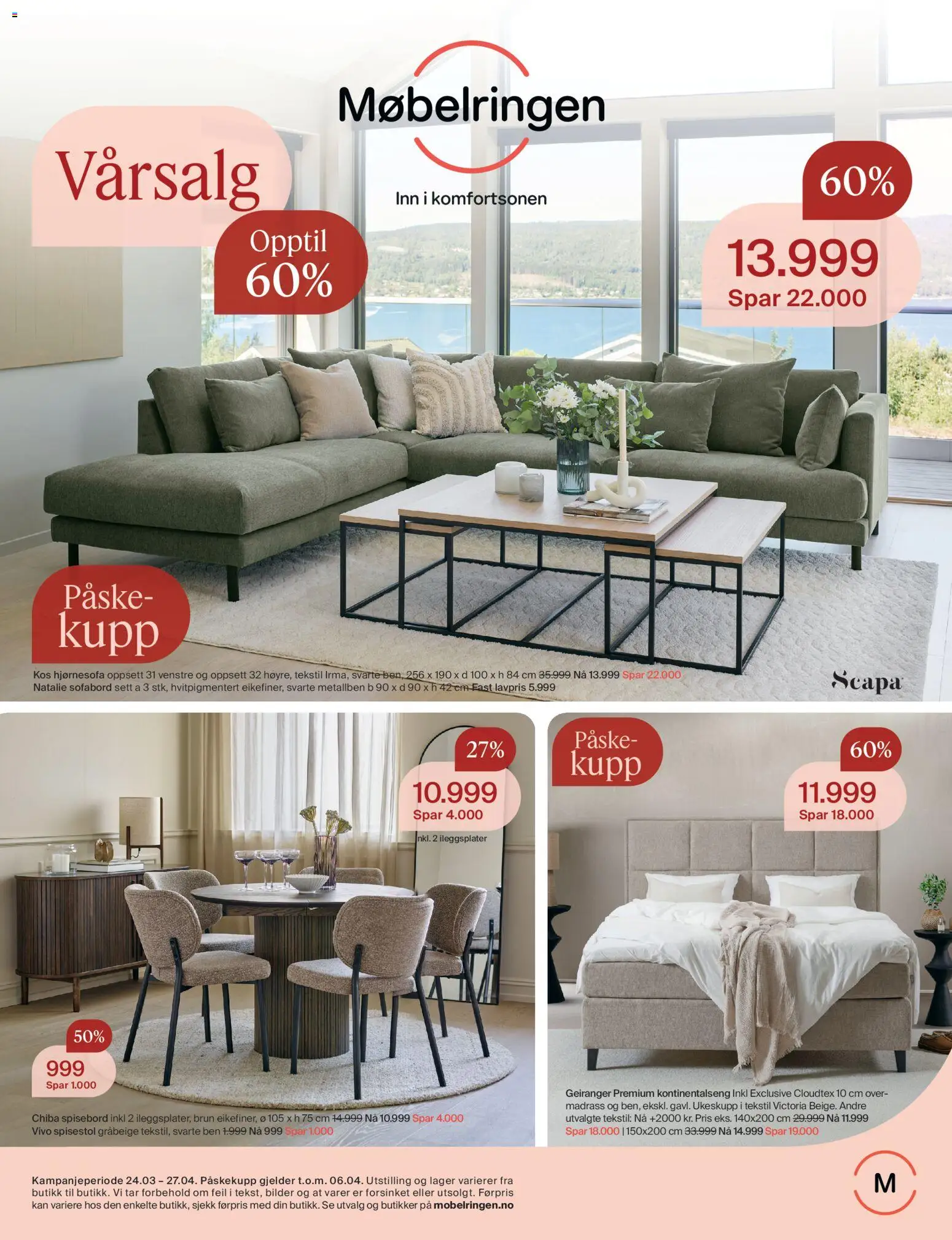 Forhåndsvis Møbelringen kundeavis fra butikk Møbelringen gyldig fra 24/03/2026 - Kos, Spisebord, Spisestol, Kontinentalseng, Hjørnesofa, Madrass