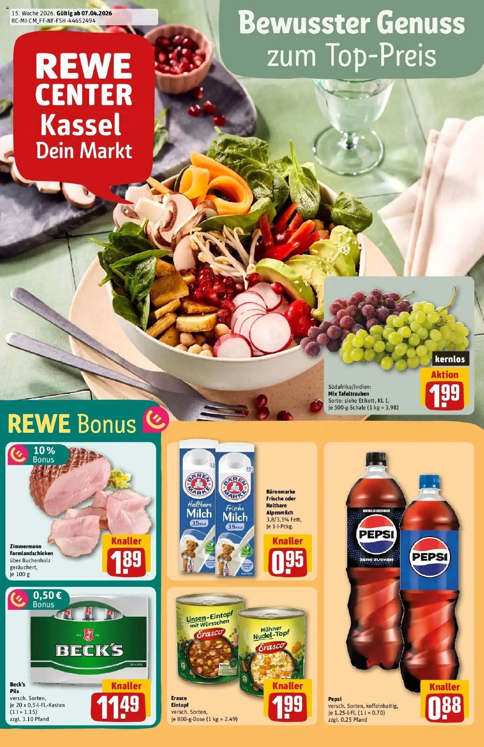 Vorschau von dem Prospekt des Geschäftes Rewe, gültig ab dem 05.04.2026 - Milch, Zucker, Pepsi, Haltbare milch, Pils, Erasco