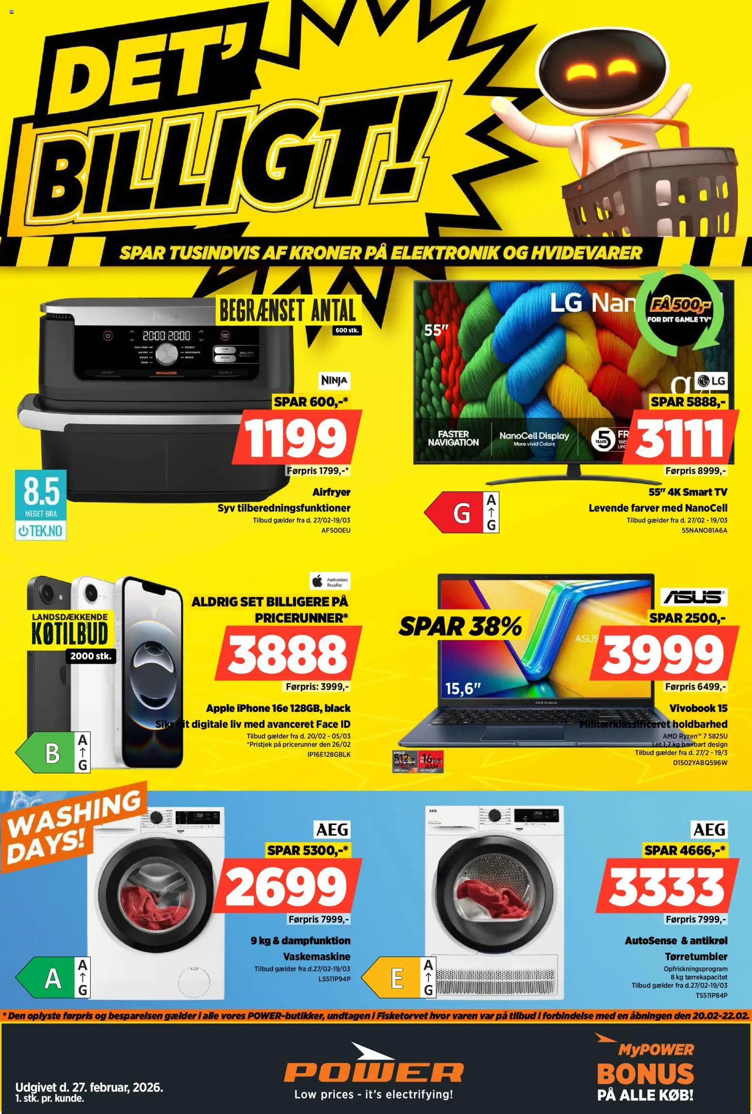 Eksempel på tilbudsavis Power - Tilbudsavis fra butik Power gyldig fra 27/02/2026 - TV, Vaskemaskine, Tørretumbler, Smart TV, Navigation