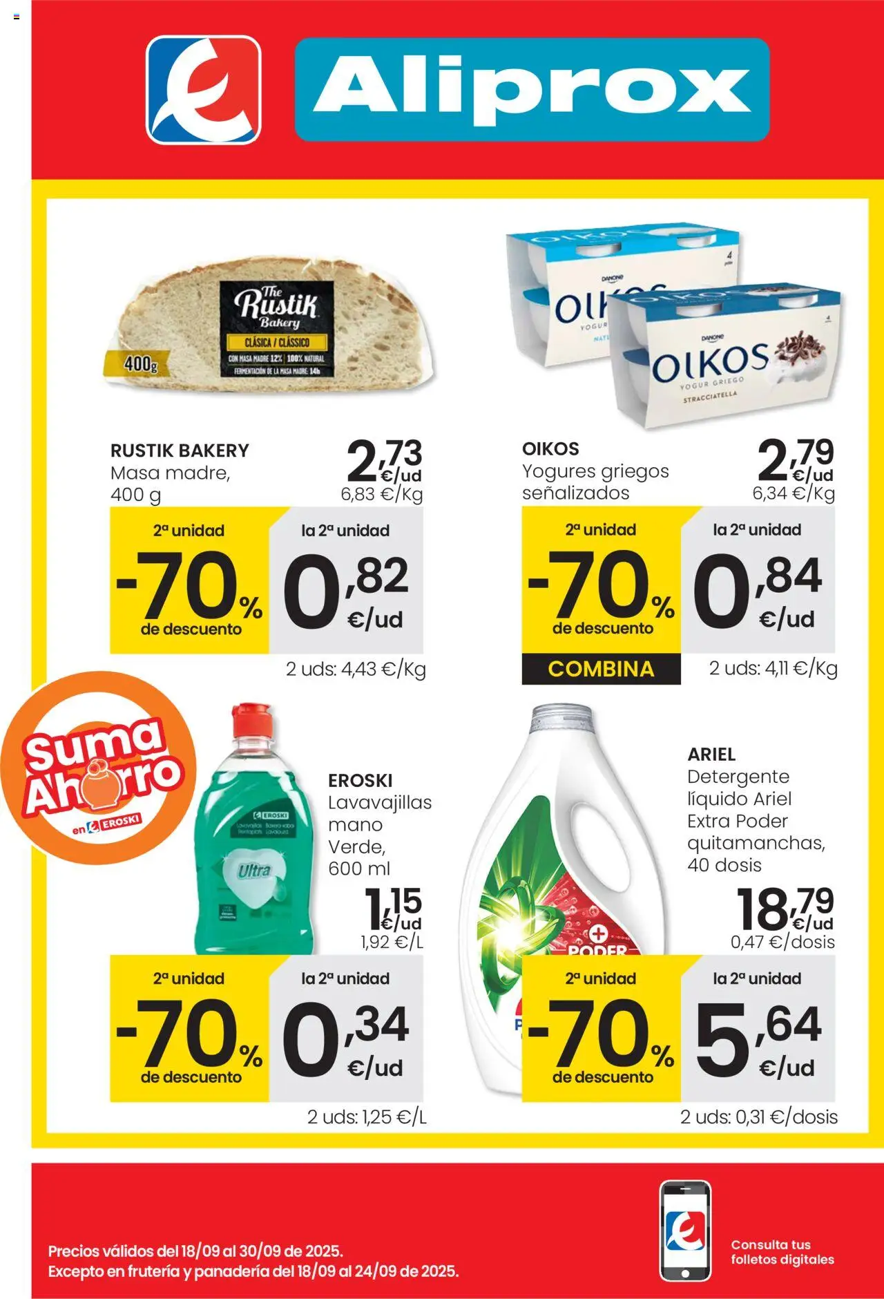 Folleto Eroski del 18/09/2025 - 30/09/2025 > Aliprox - Panadería, Lavavajillas, Masa, Yogur, Yogur griego, Detergente