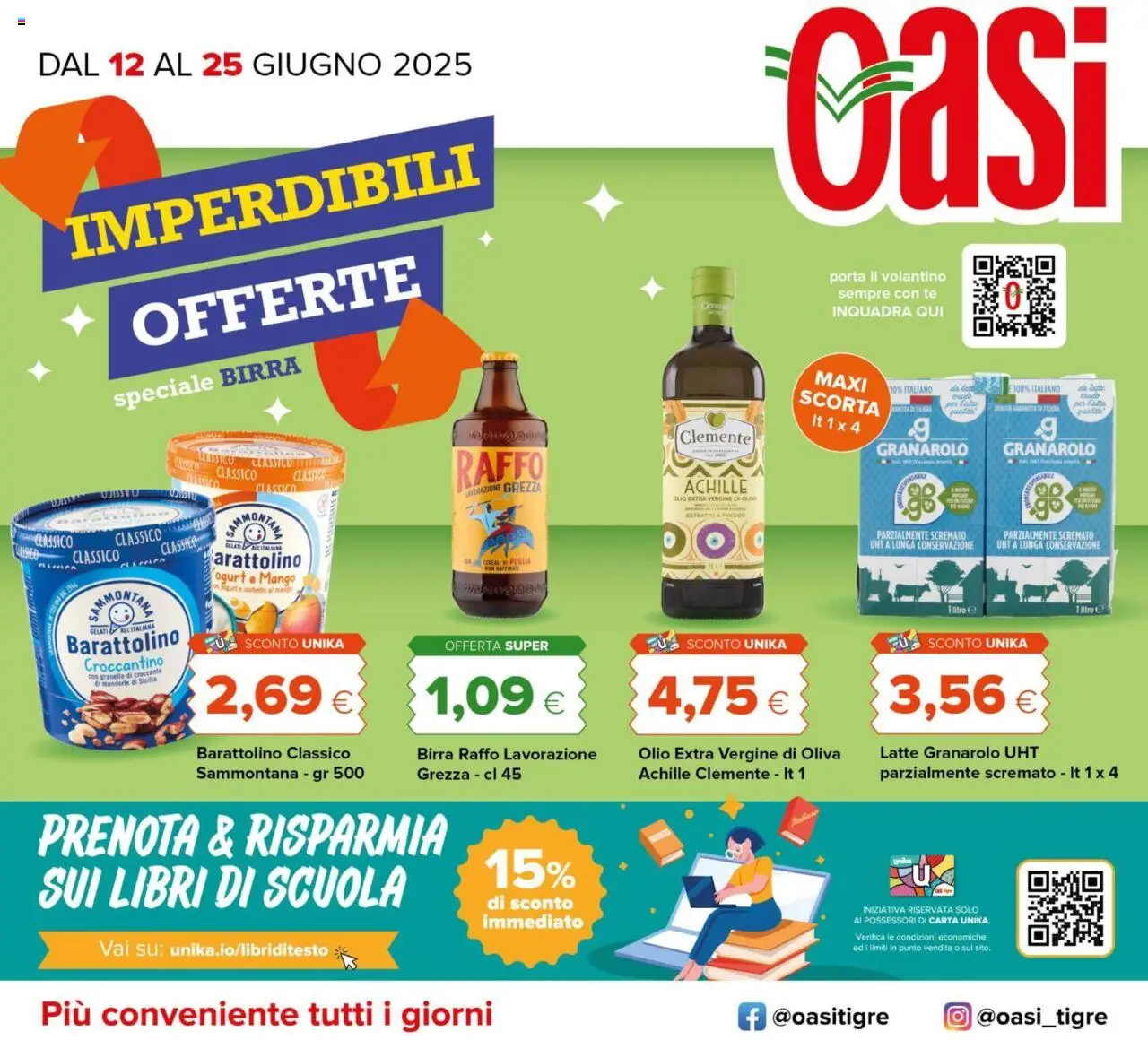 Volantino Oasi valido da 12/06/2025 numero di pagina 1 - Birra Raffo, Libri, Birra, Cereali, Olio, Mango, Mandorle, Olio extra vergine