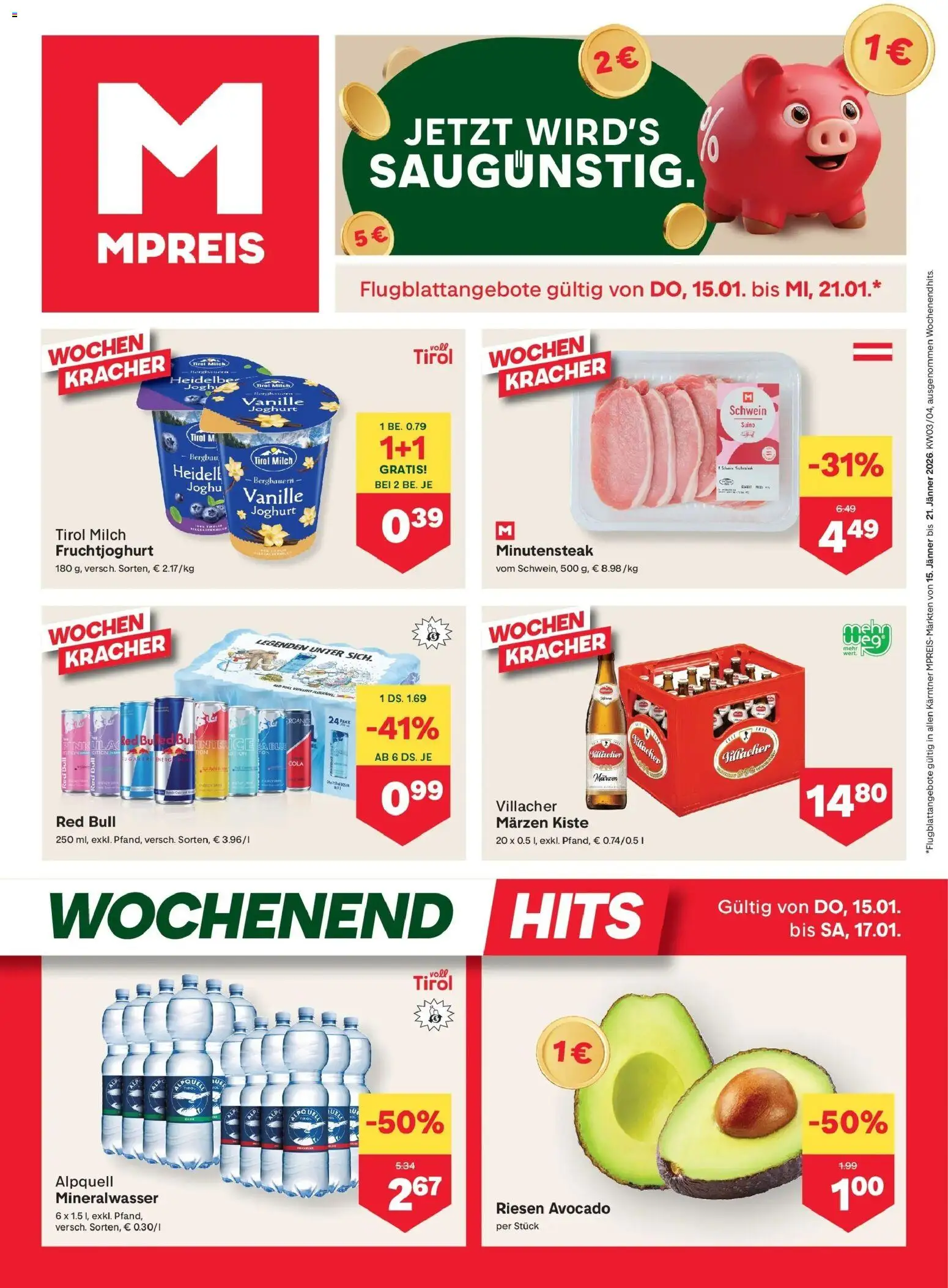 Vorschau der Angebote: MPREIS Velden gültig ab 15.01.2026 - Avocado, Milch, Mineralwasser, Joghurt, Vanille