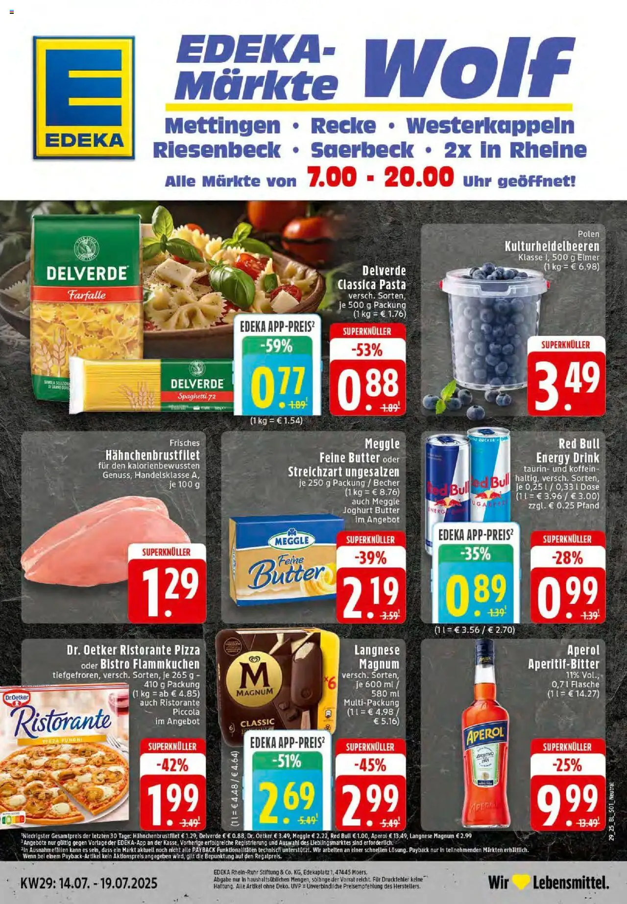 EDEKA Prospekt ab 13.07.2025 - Prospekt Saerbeck Online - Butter, Pasta, Joghurt, Spaghetti, Zucker, Ristorante, Energy, Langnese