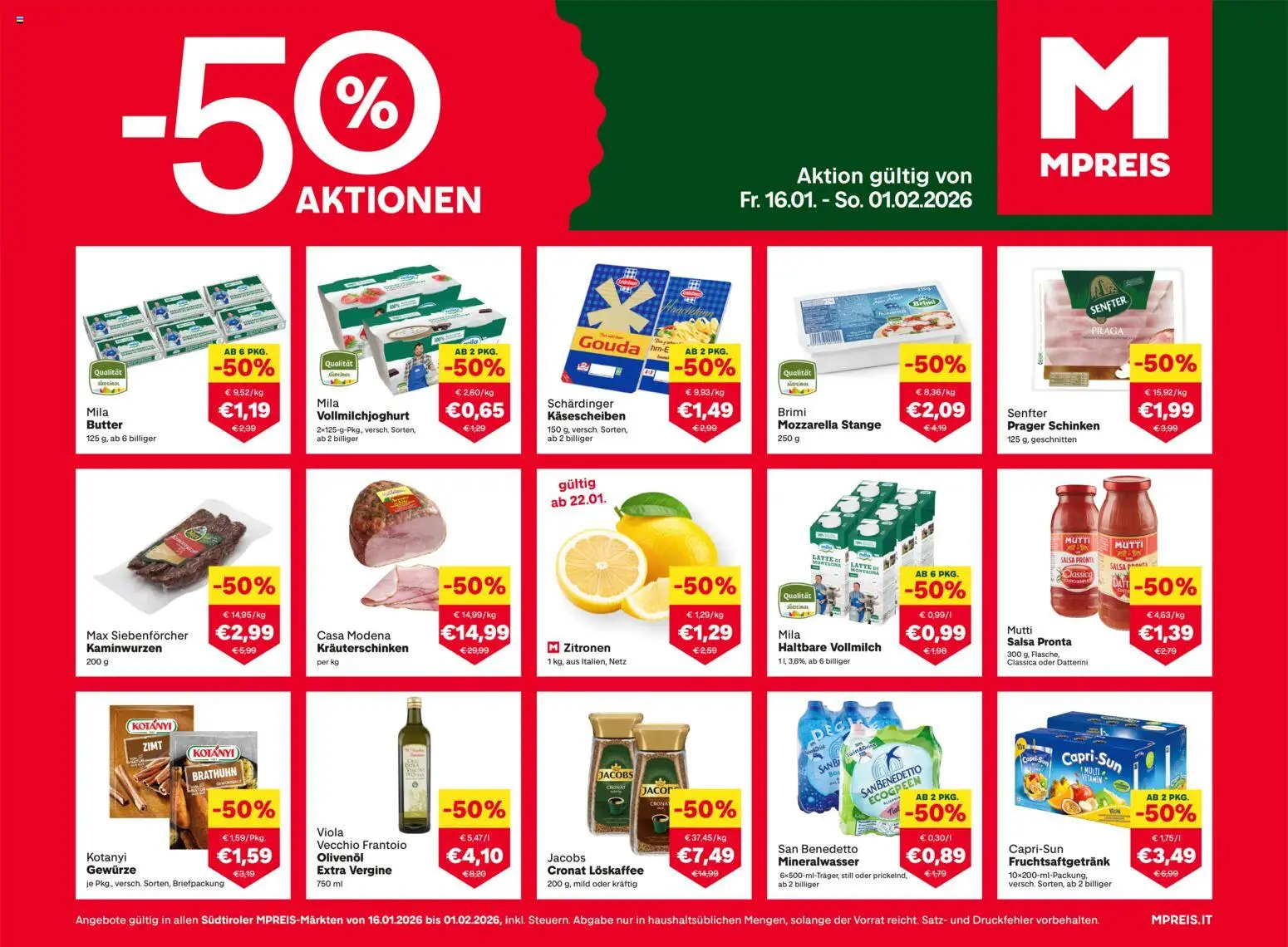 Vorschau der Angebote: MPREIS Südtirol gültig ab 16.01.2026 - Gewürze, Mineralwasser, Butter, Schinken, Vollmilch