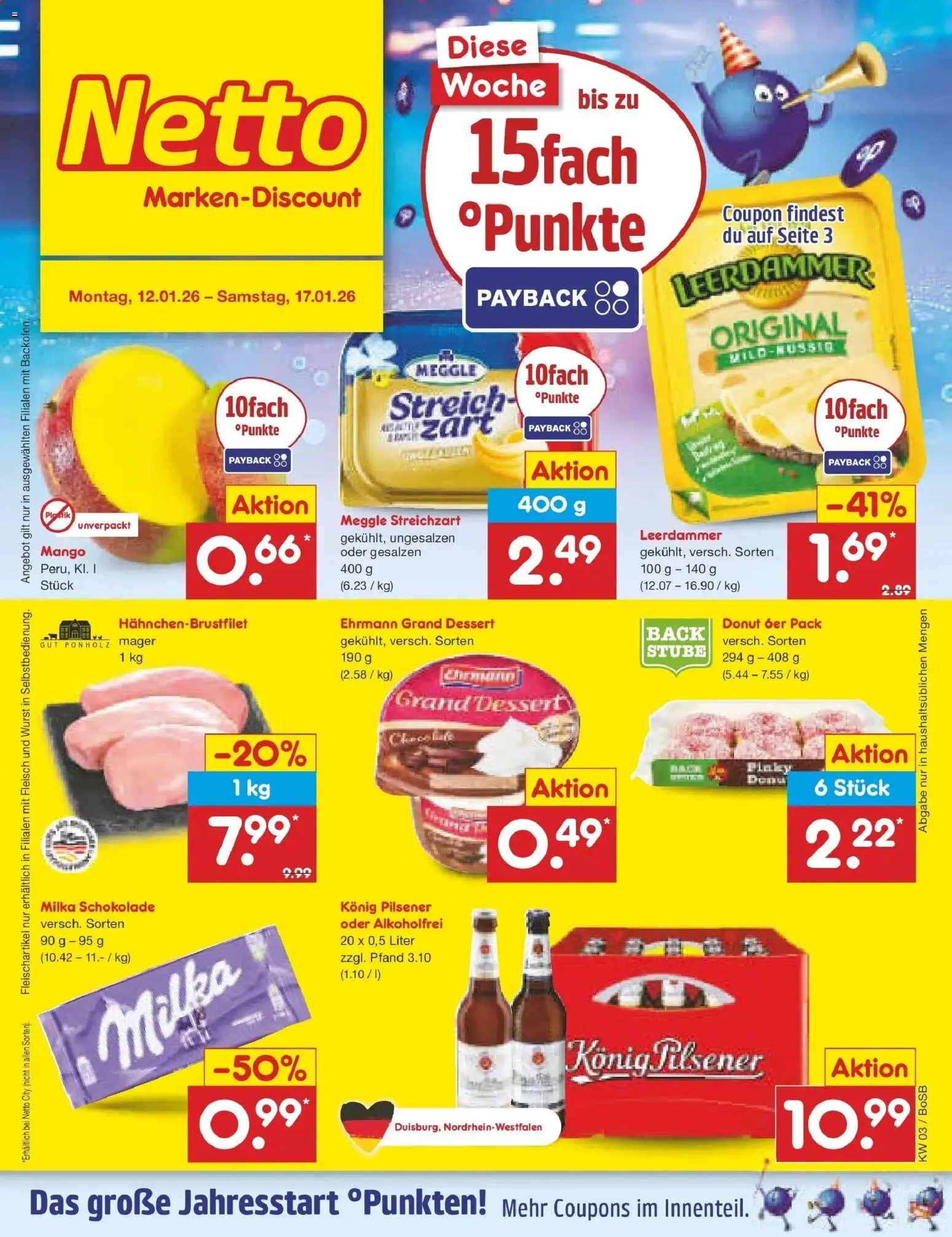 Vorschau von dem Prospekt des Geschäftes Netto Marken-Discount, gültig ab dem 12.01.2026 - Schokolade, Wurst, Milka schokolade, Fleisch, Milka, Leerdammer, Ehrmann grand dessert, Konig pilsener