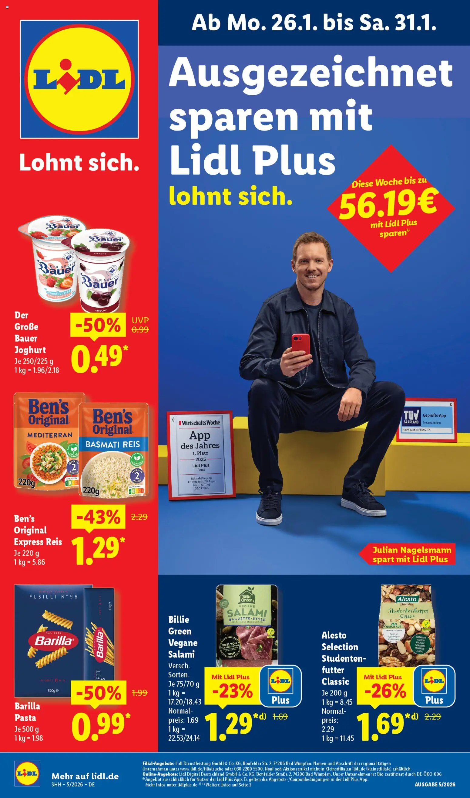 Vorschau von dem Prospekt des Geschäftes Lidl, gültig ab dem 26.01.2026 - Pasta, Bad, Joghurt, Reis, Zucker, Salami, Barilla, Bauer joghurt