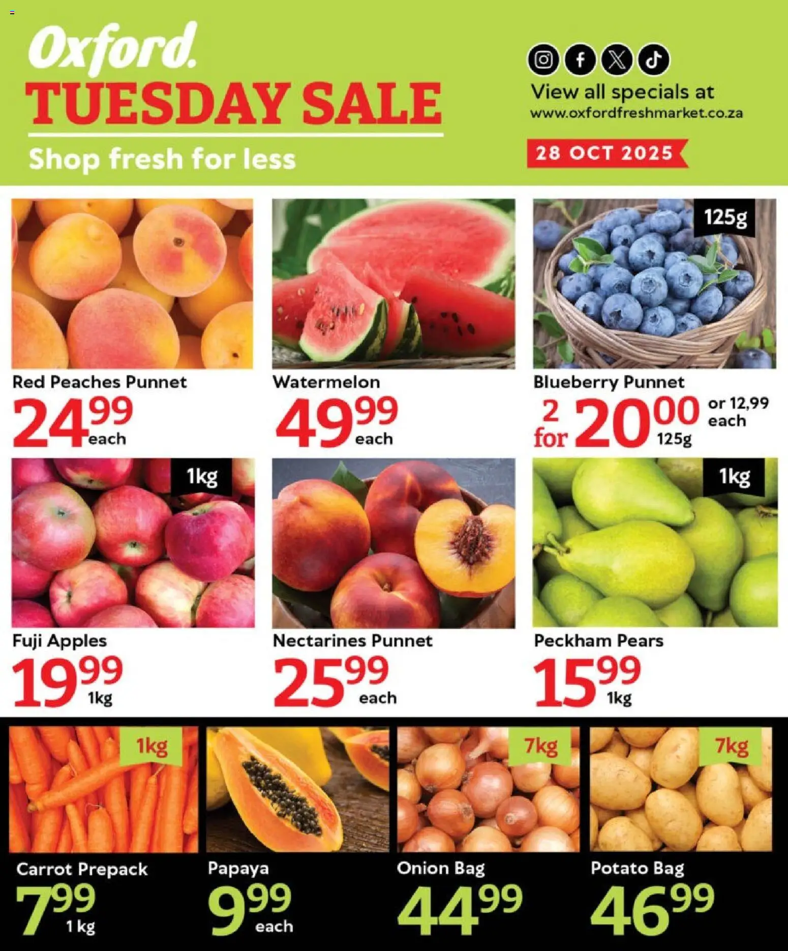 Preview of Oxford Freshmarket flyer valid from 27/10/2025 - Apples, Bag, Peach, Onion, Nectarines, Pears